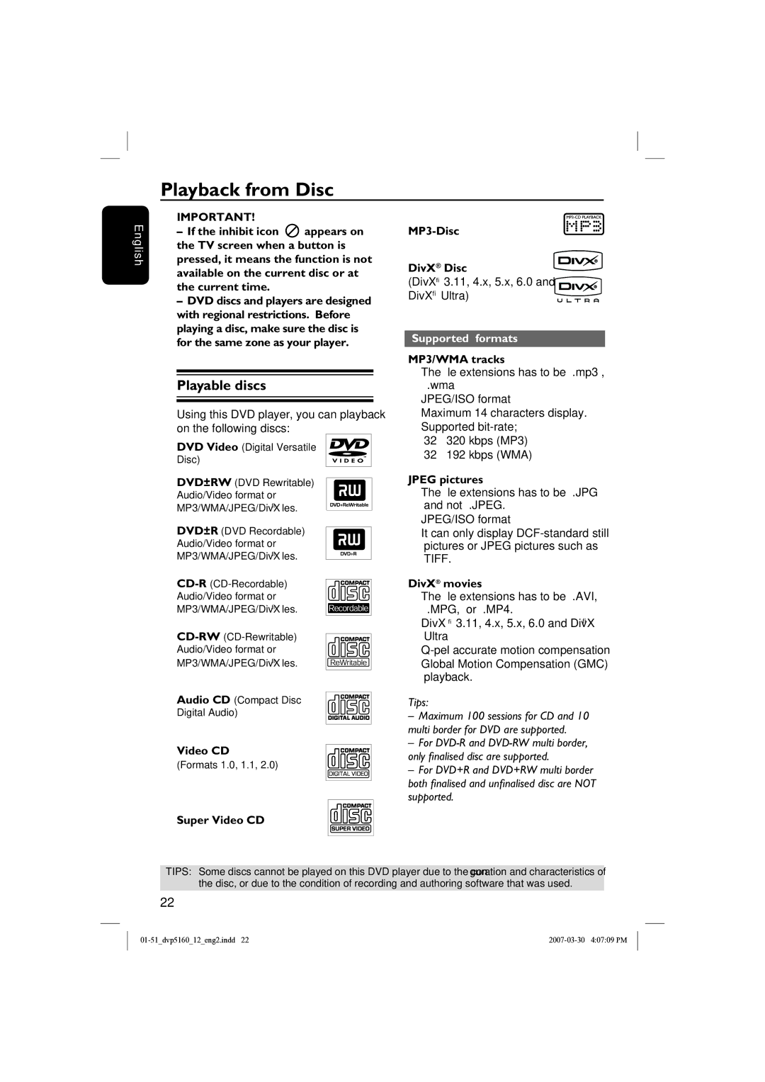 Philips DVP5160 user manual Playback from Disc, Playable discs, Supported formats 