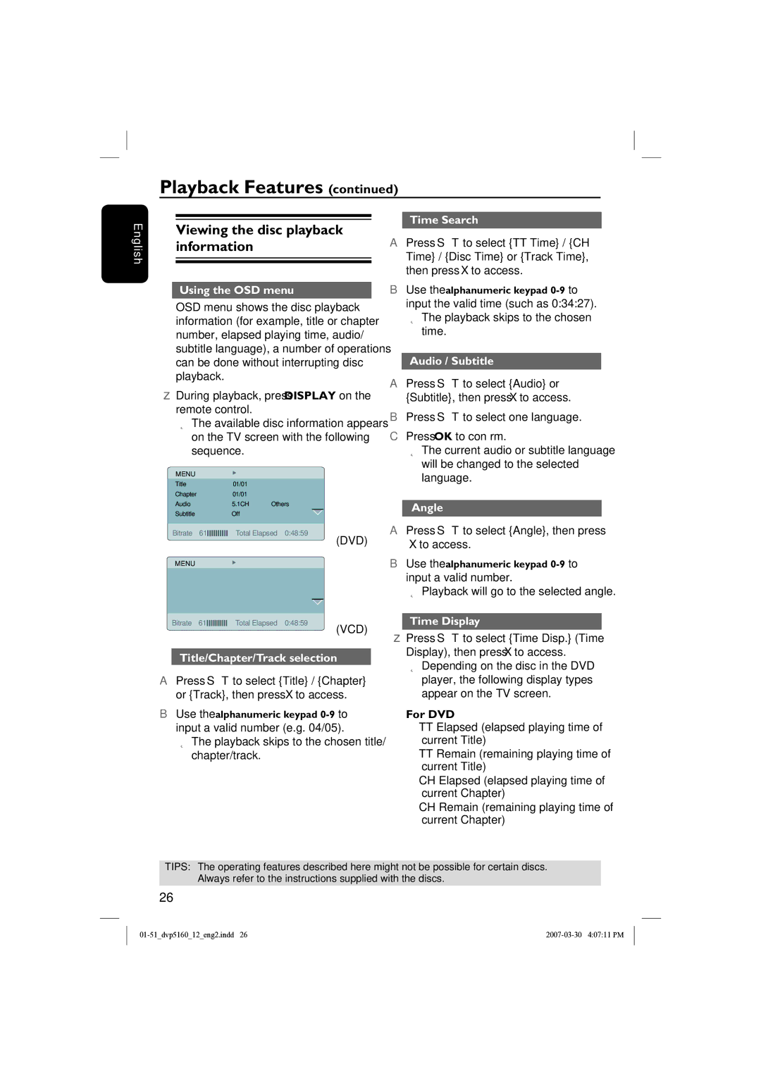 Philips DVP5160 user manual Viewing the disc playback information 