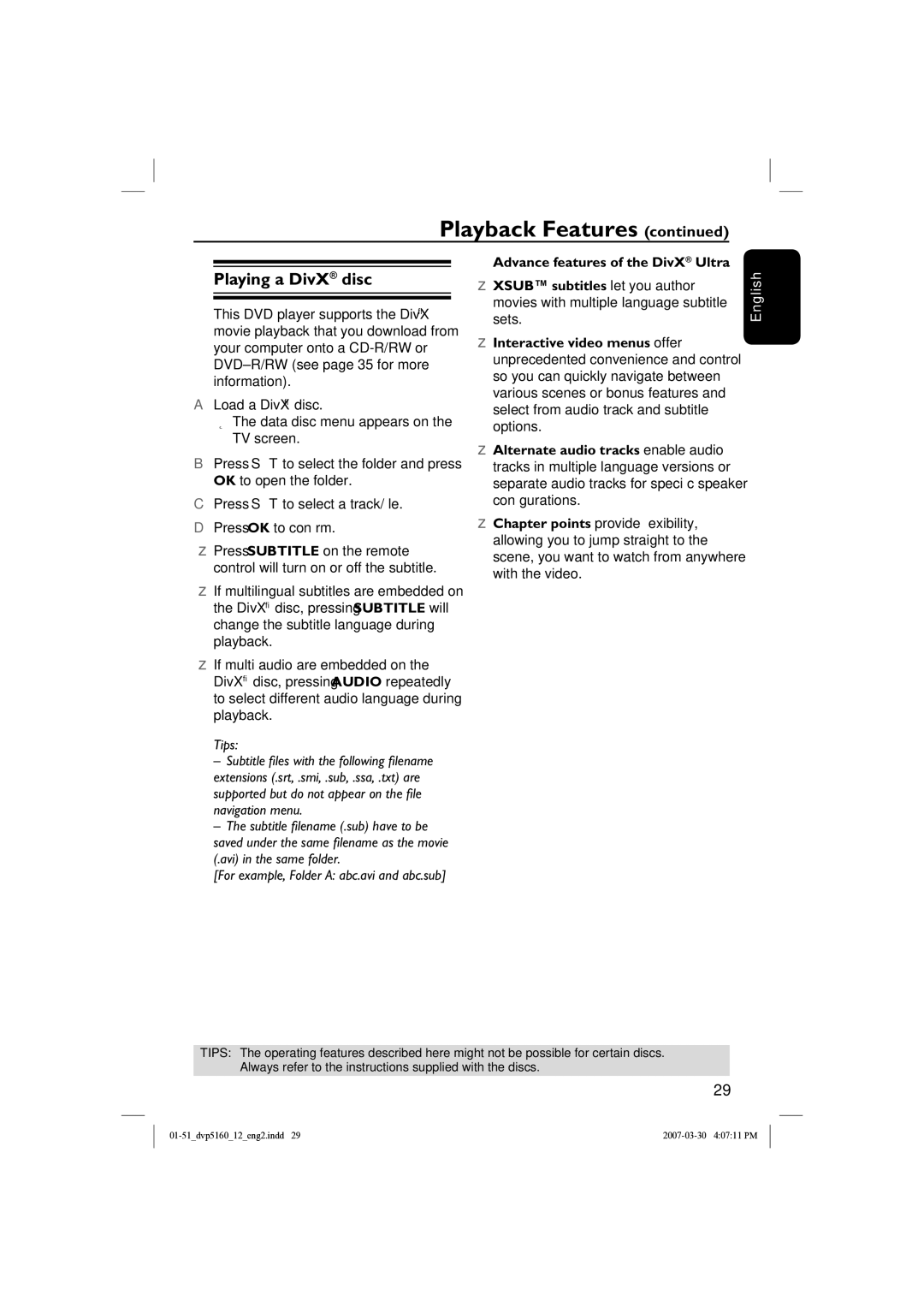 Philips DVP5160 user manual Playing a DivX disc 