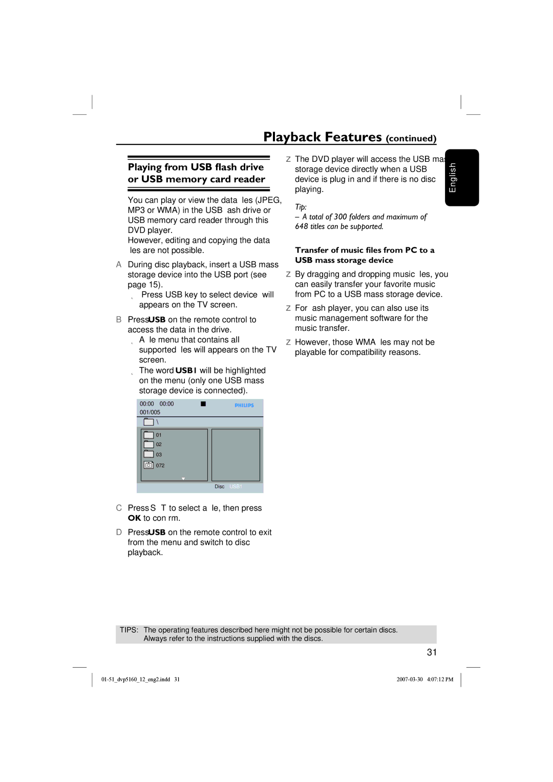 Philips DVP5160 user manual Playing from USB flash drive or USB memory card reader 