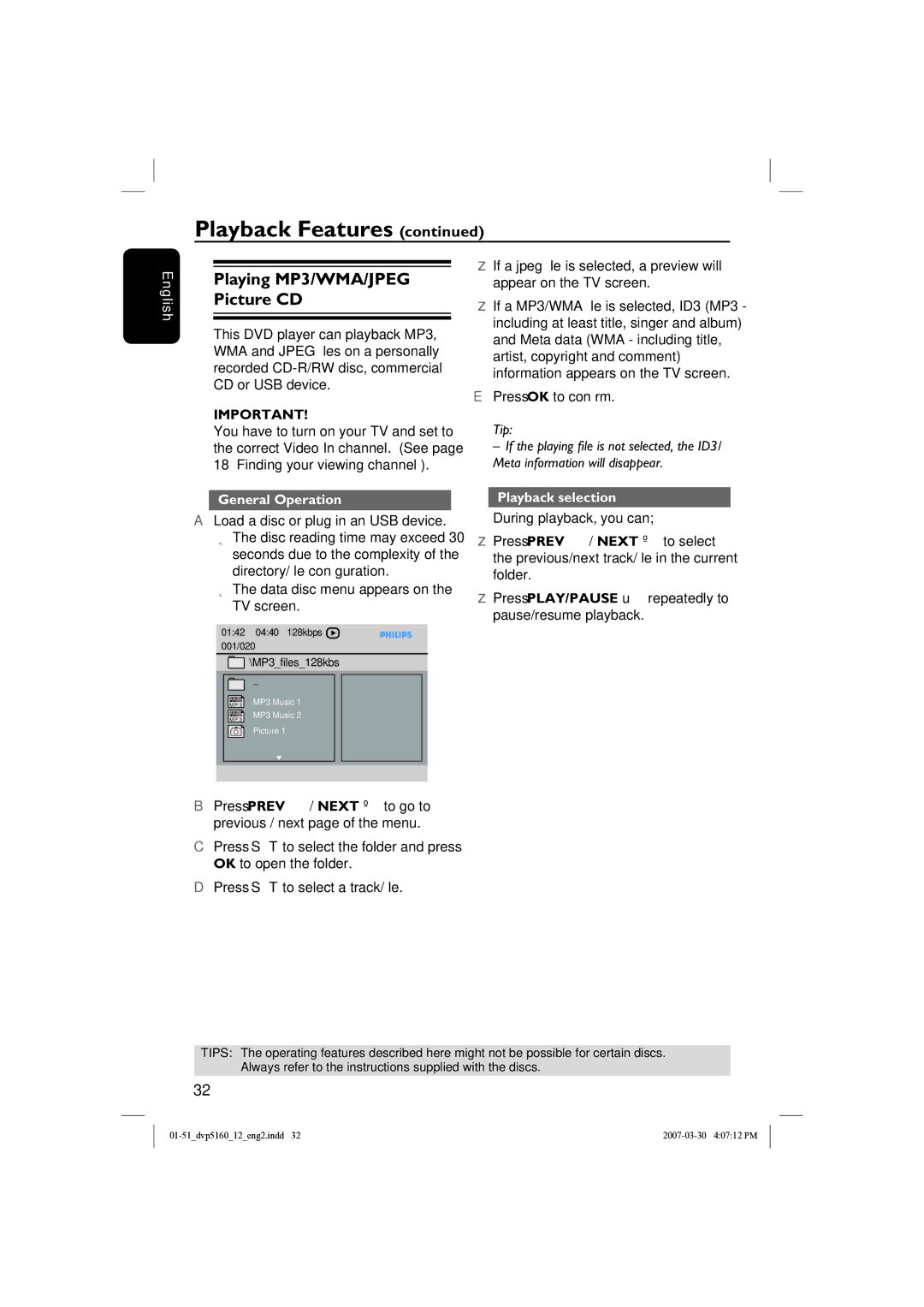 Philips DVP5160 user manual Playing MP3/WMA/JPEG Picture CD, General Operation, Playback selection 