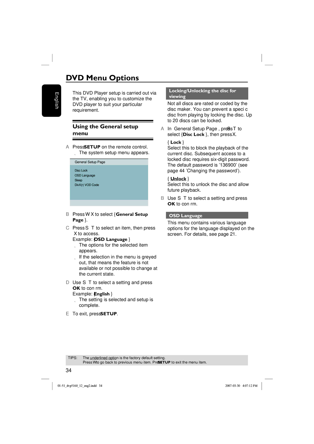 Philips DVP5160 DVD Menu Options, Using the General setup menu, Locking/Unlocking the disc for viewing, OSD Language 