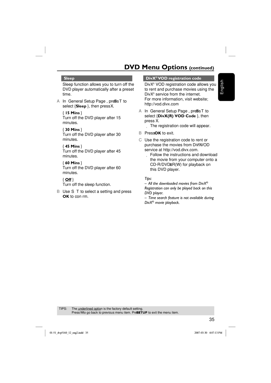 Philips DVP5160 user manual Sleep DivX VOD registration code, Mins, Off 