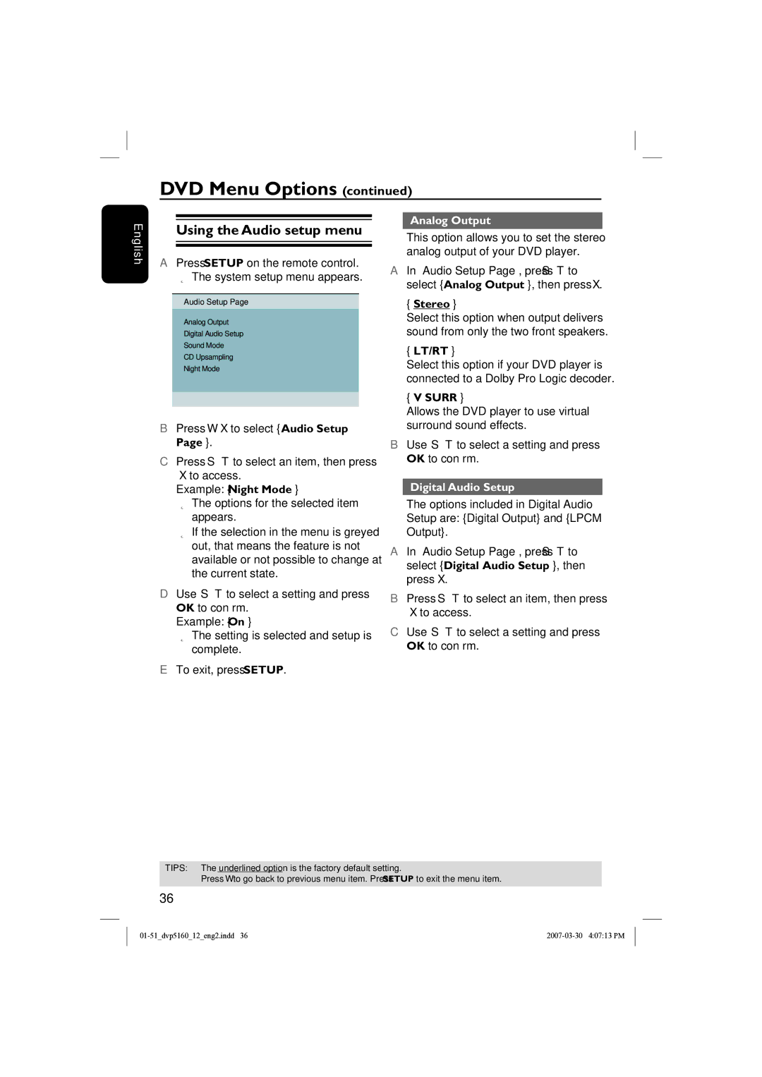 Philips DVP5160 user manual Using the Audio setup menu, Analog Output, Digital Audio Setup 