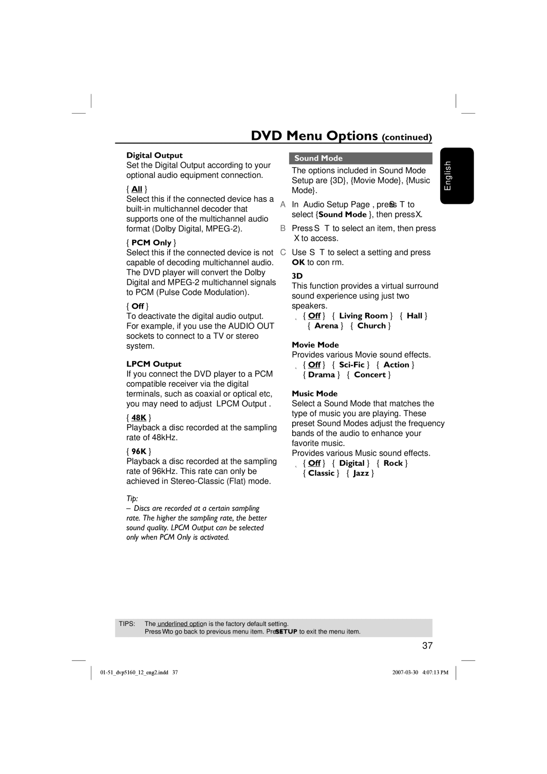 Philips DVP5160 user manual Sound Mode 