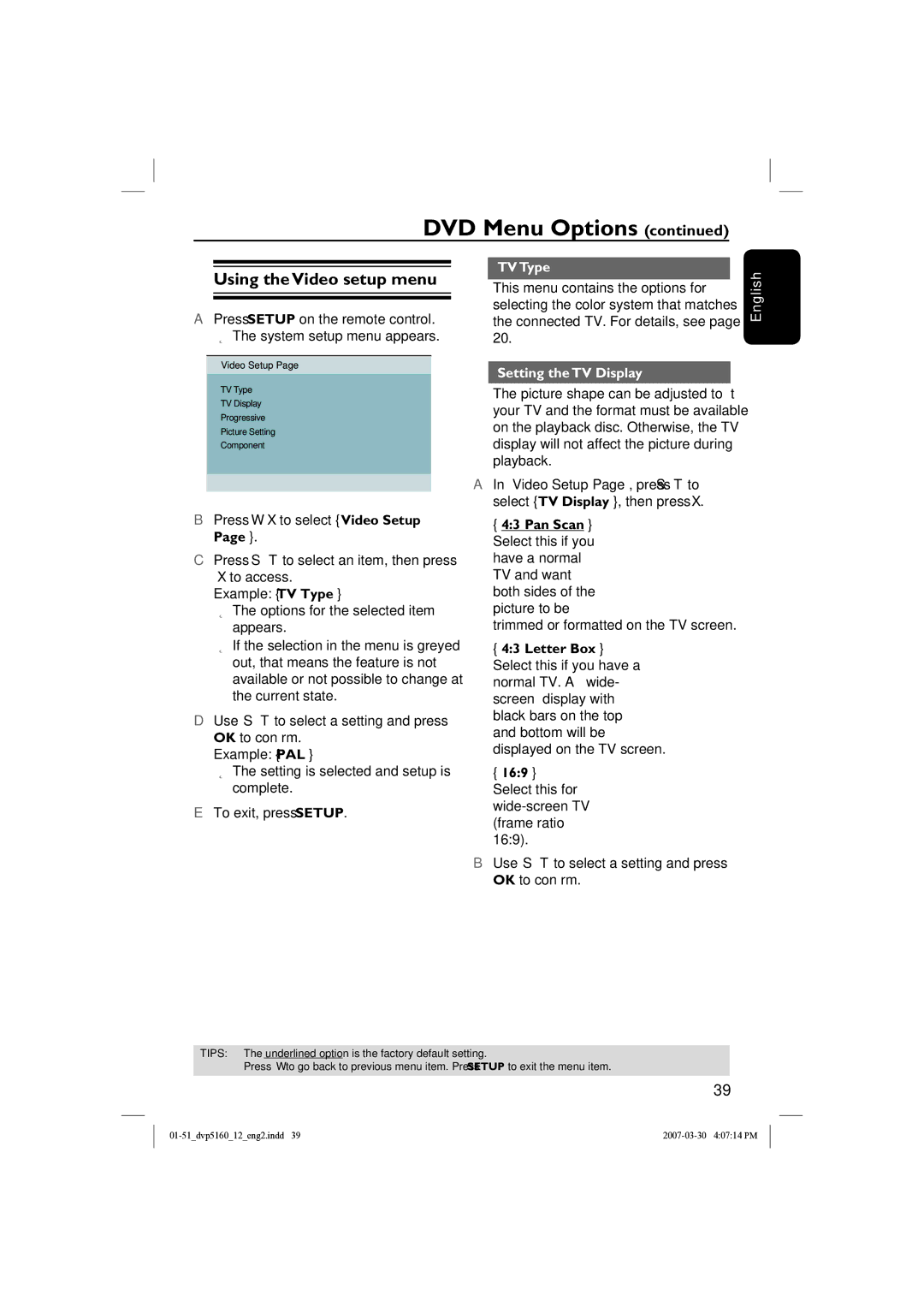 Philips DVP5160 Using the Video setup menu, TV Type, Setting the TV Display, Trimmed or formatted on the TV screen 