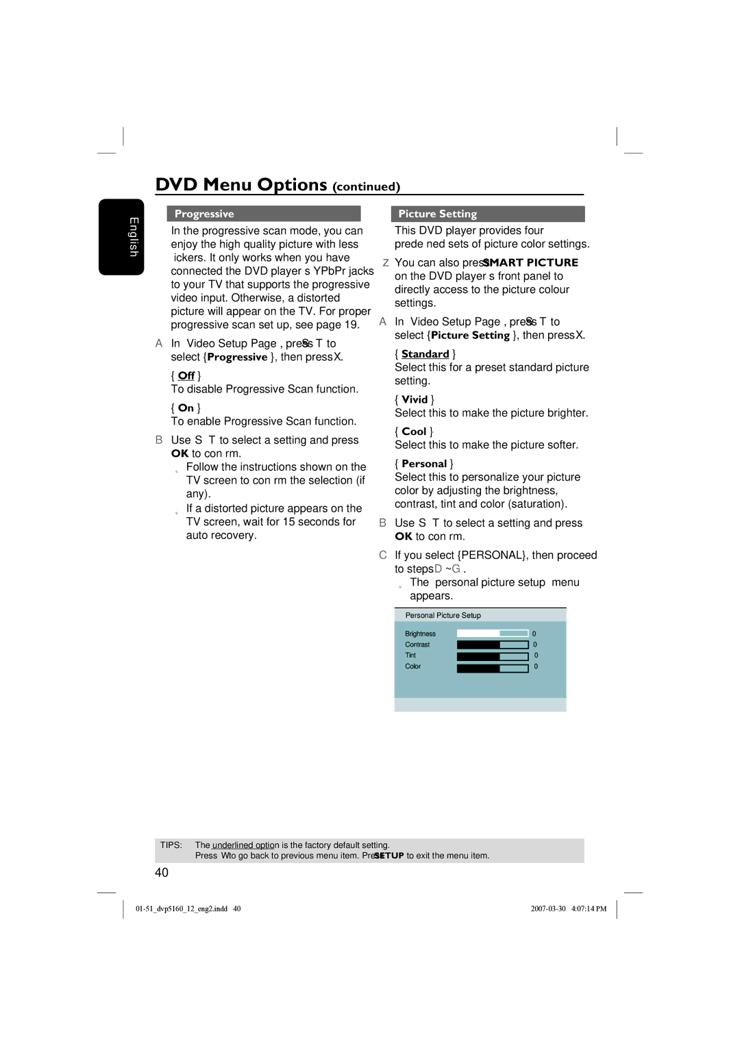 Philips DVP5160 user manual Progressive Picture Setting English, Standard, Vivid, Cool, Personal 