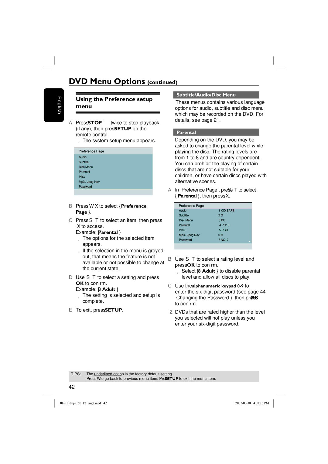 Philips DVP5160 user manual Using the Preference setup menu, Subtitle/Audio/Disc Menu, Parental 