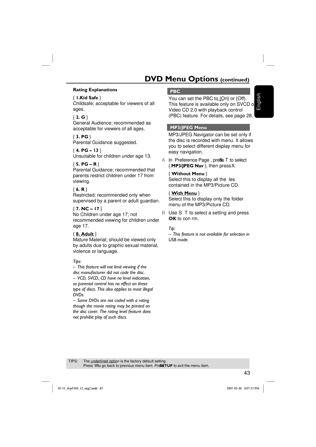 Philips DVP5160 user manual MP3/JPEG Menu 