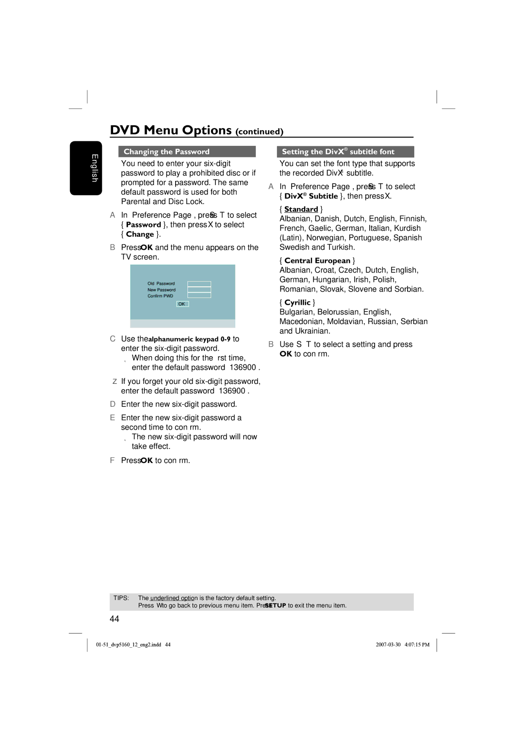 Philips DVP5160 user manual Change, Central European, Cyrillic 