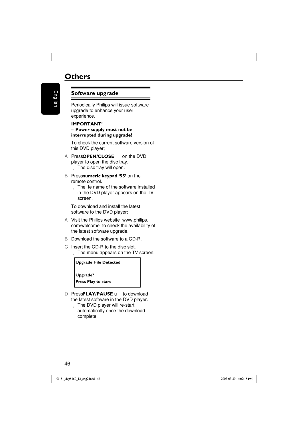 Philips DVP5160 user manual Others, Software upgrade, Power supply must not be interrupted during upgrade 