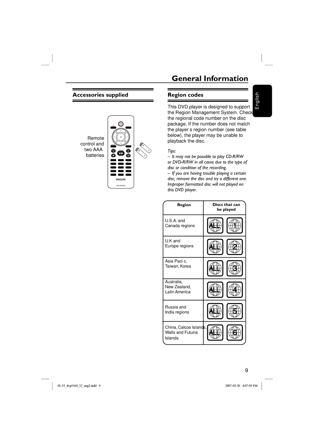 Philips DVP5160 user manual Accessories supplied, Region codes, Remote control and two AAA batteries 