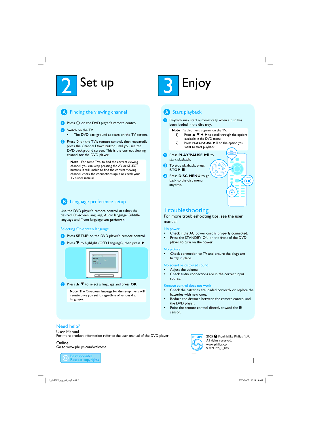 Philips DVP5160/05 Set up Enjoy, Finding the viewing channel, Language preference setup, Start playback, Need help? 