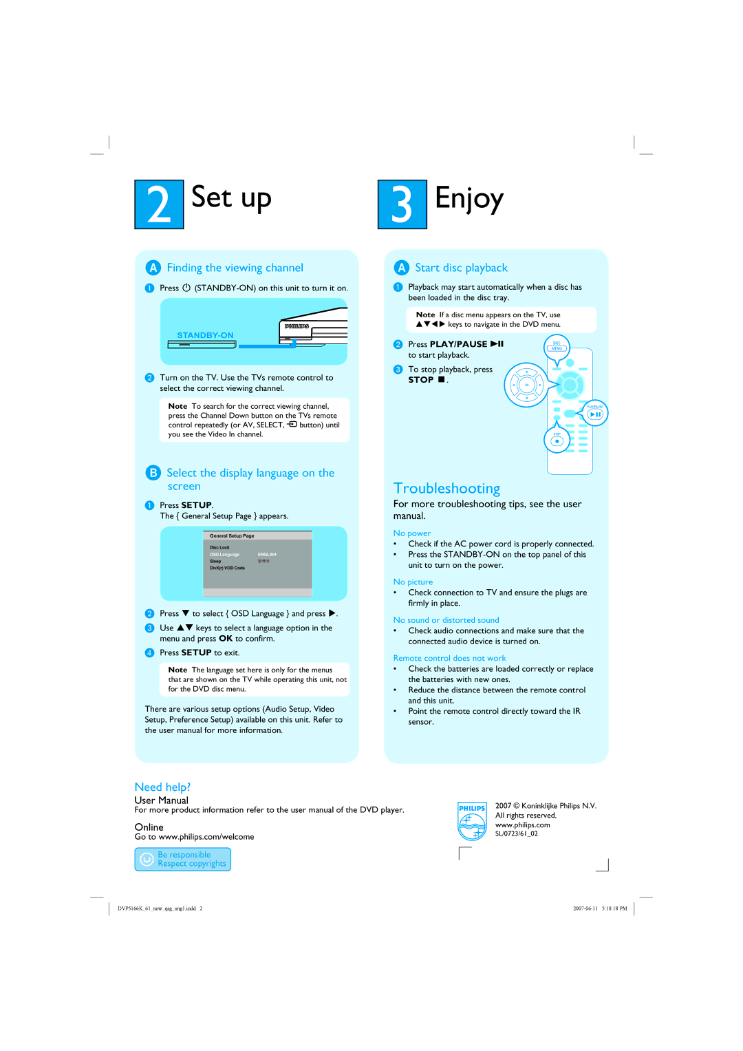 Philips DVP5166K/61, SL/0723/61_02 quick start Set up, Enjoy, Troubleshooting 