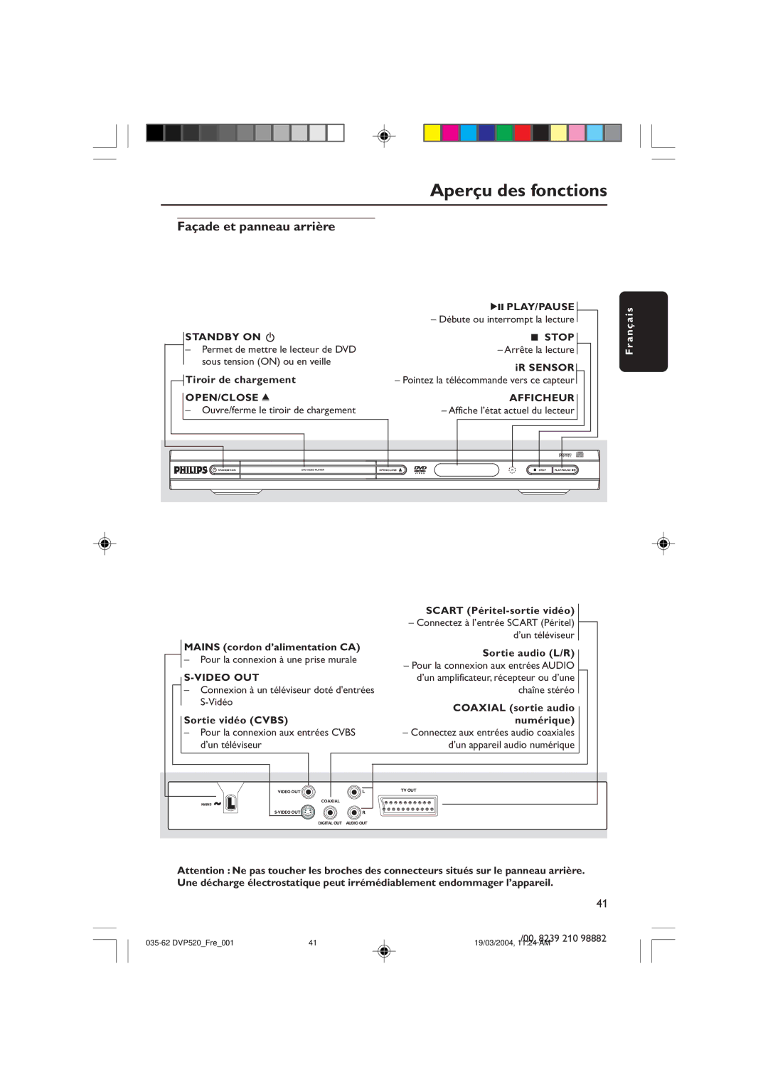 Philips DVP520 manual Aperçu des fonctions, Façade et panneau arrière 