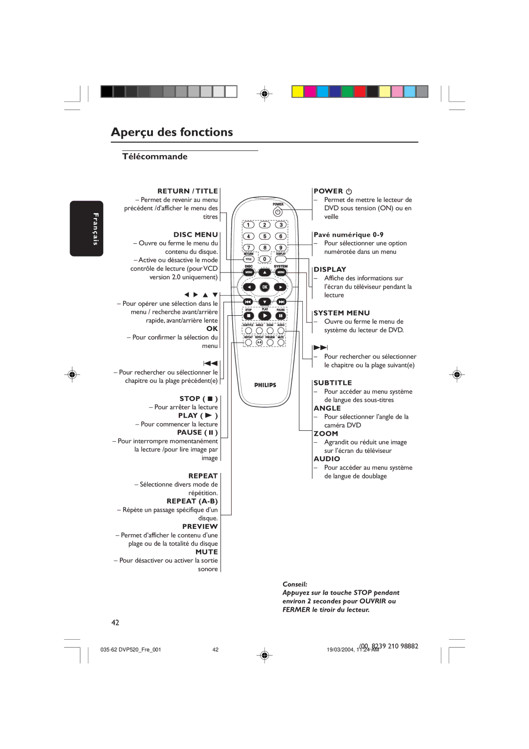 Philips DVP520 manual Télécommande 