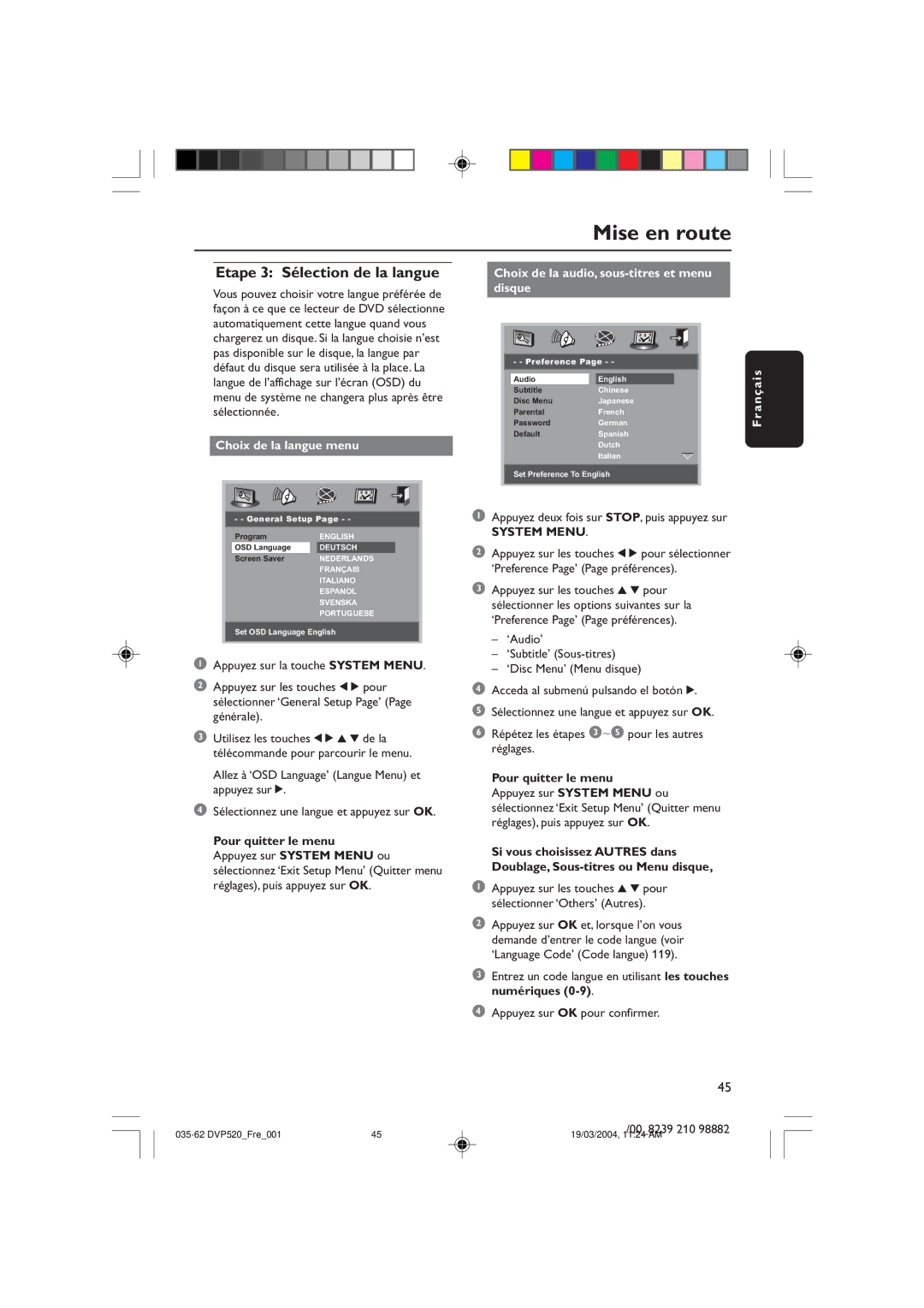 Philips DVP520 Etape 3 Sélection de la langue, Choix de la langue menu, Choix de la audio, sous-titres et menu disque 