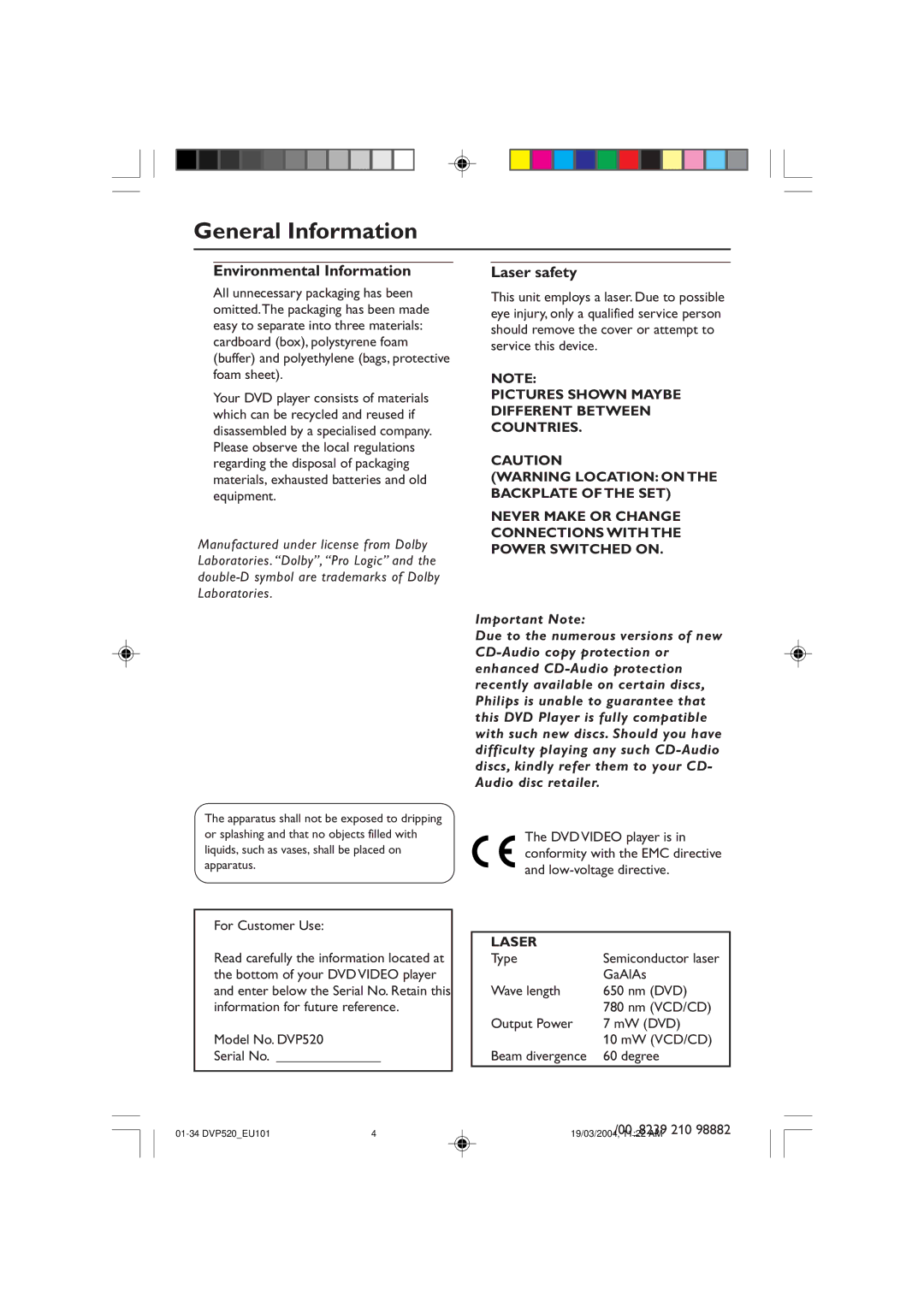 Philips DVP520 manual Environmental Information, Laser safety, Semiconductor laser 