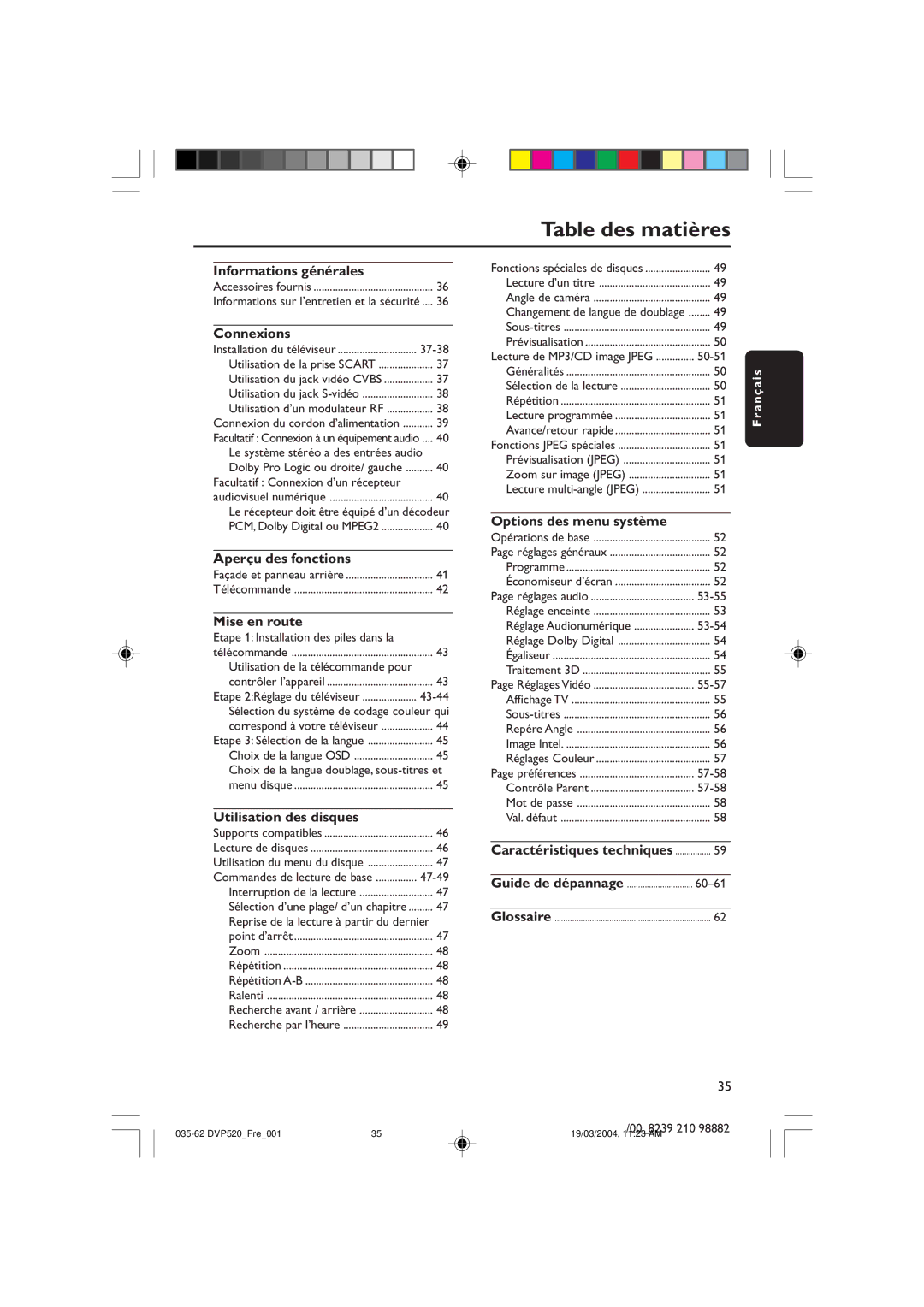 Philips DVP520 manual Table des matières 