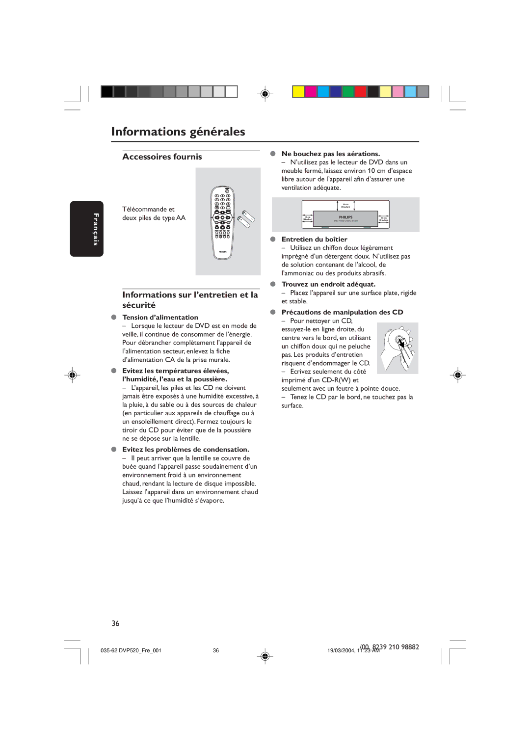 Philips DVP520 manual Informations générales, Accessoires fournis, Informations sur l’entretien et la sécurité, Fr an ça is 