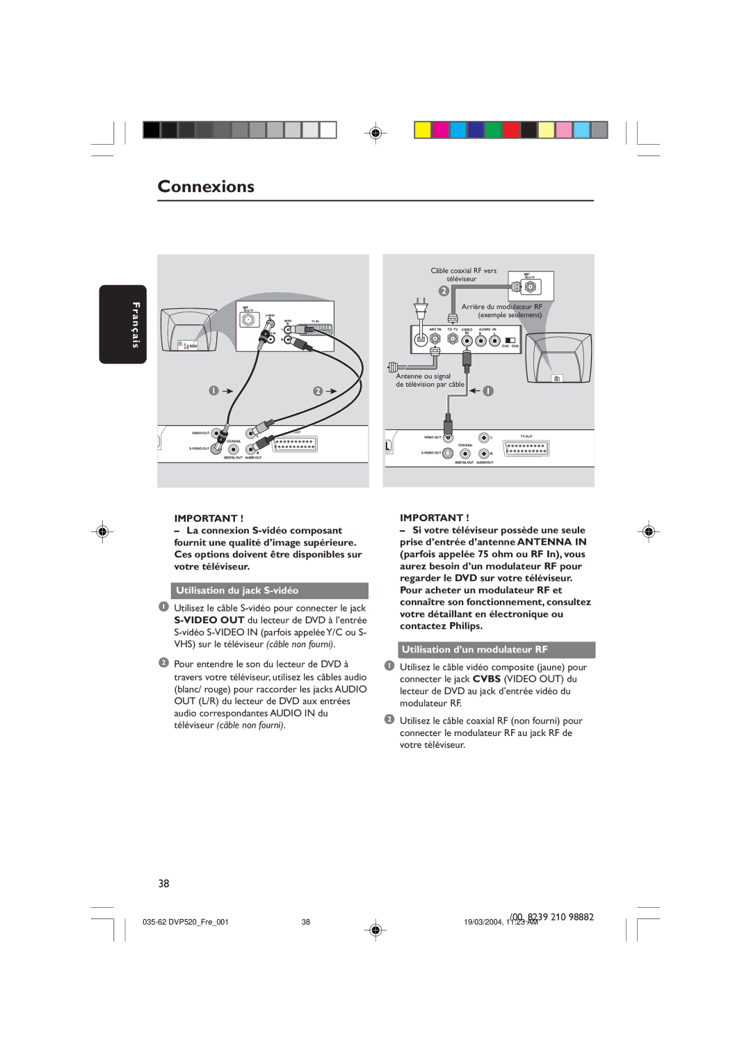 Philips DVP520 manual Ais, Utilisation du jack S-vidéo, Utilisation d’un modulateur RF 