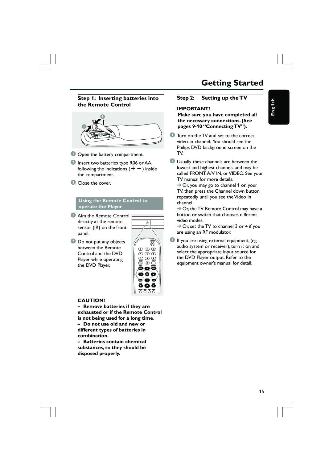 Philips DVP5200/51, DVP5100 user manual Getting Started, Inserting batteries into the Remote Control, Setting up the TV 