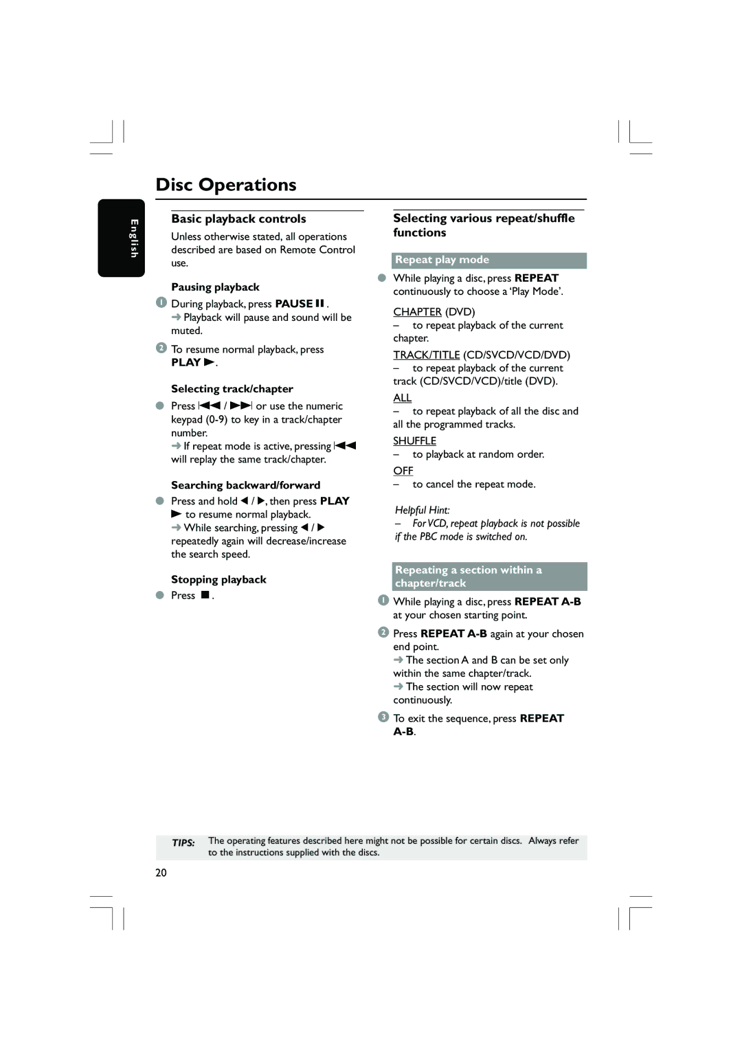 Philips DVP5100, DVP5200/51 Basic playback controls, Selecting various repeat/shuffle functions, Play B, Repeat play mode 