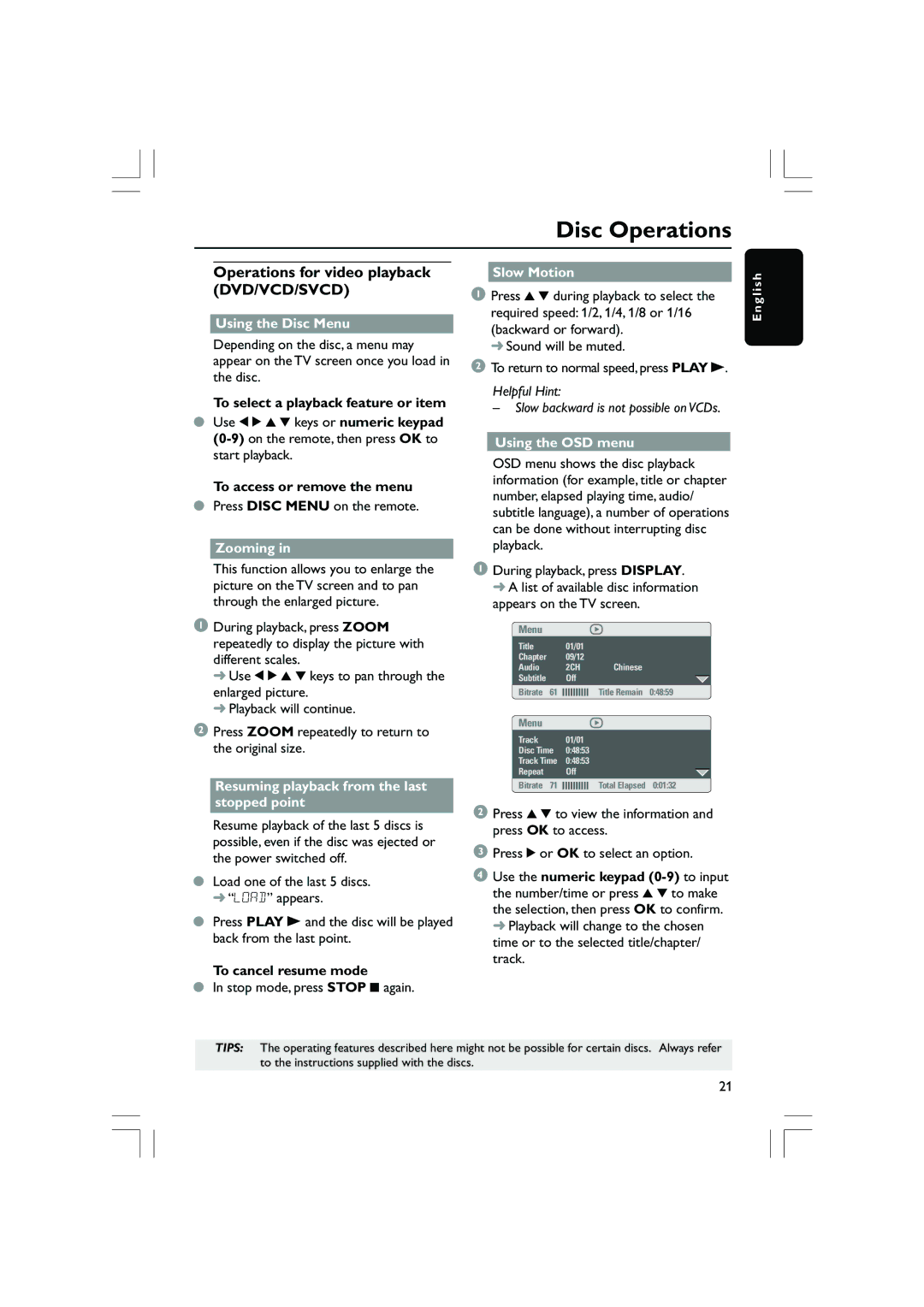 Philips DVP5200/51, DVP5100 user manual Operations for video playback DVD/VCD/SVCD 