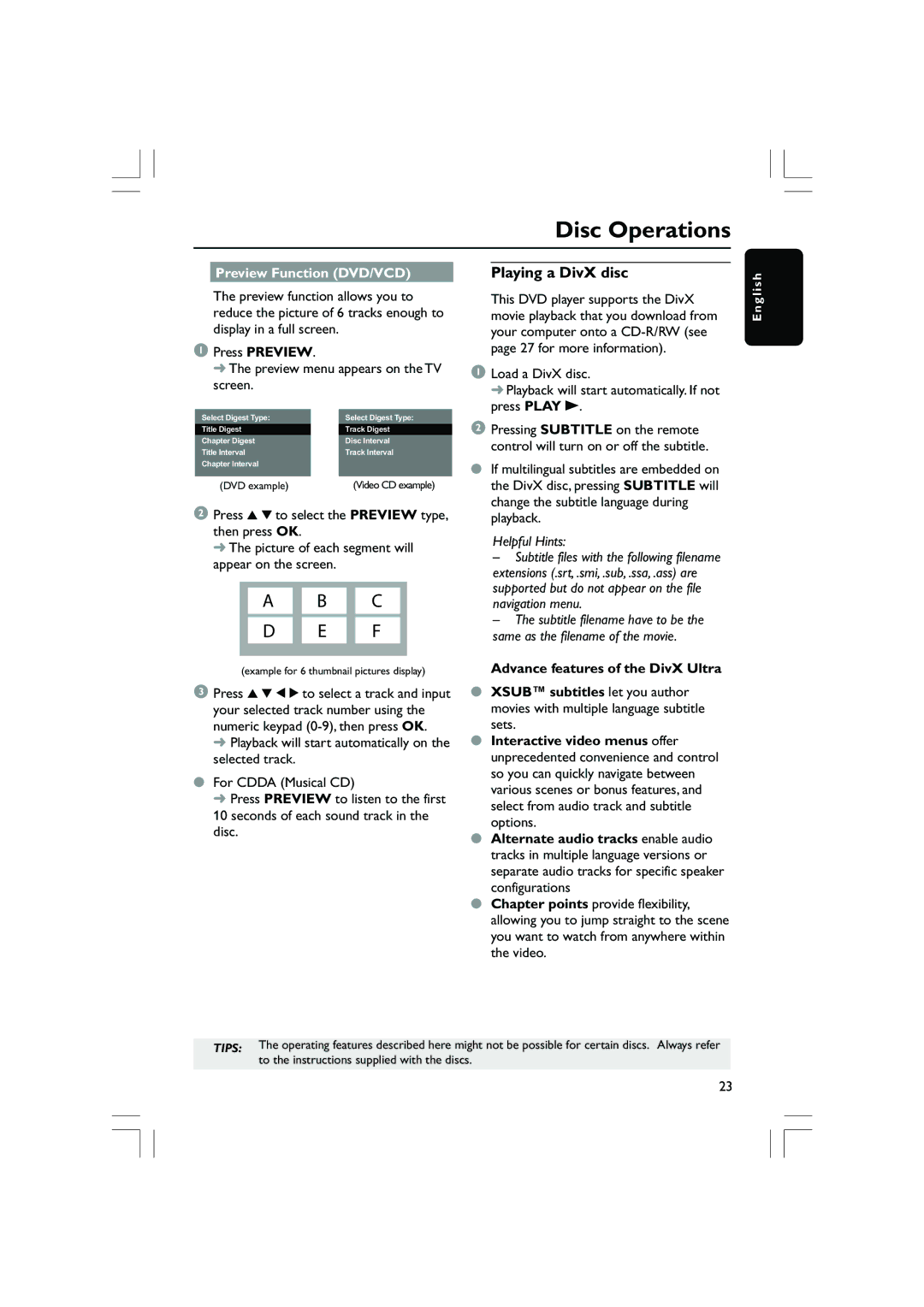 Philips DVP5100, DVP5200/51 user manual Playing a DivX disc, Preview Function DVD/VCD 