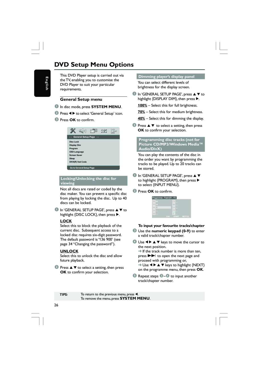 Philips DVP5100, DVP5200/51 user manual DVD Setup Menu Options, General Setup menu, Lock, Unlock 