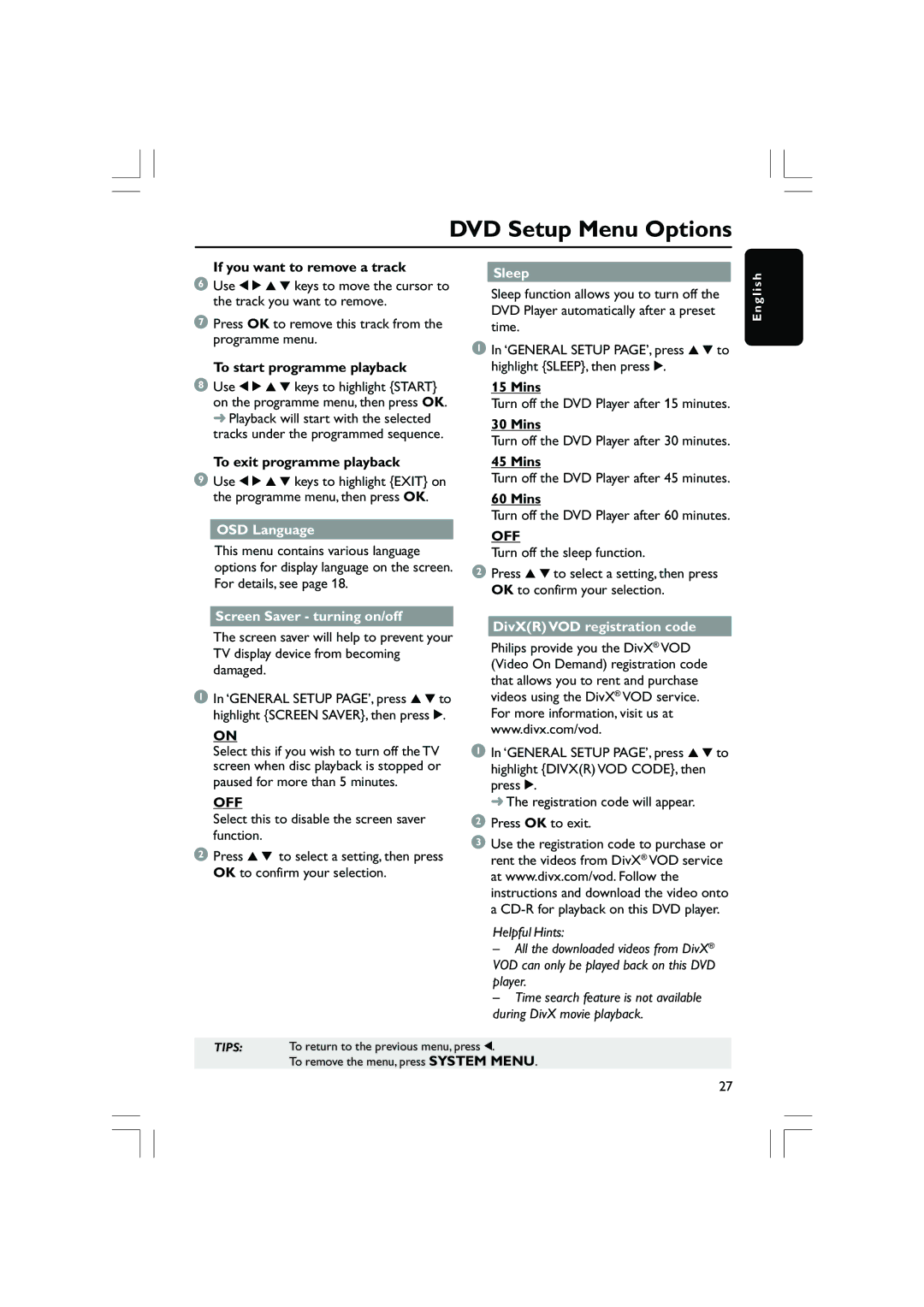 Philips DVP5200/51, DVP5100 user manual Sleep, Mins, Off, DivXR VOD registration code 