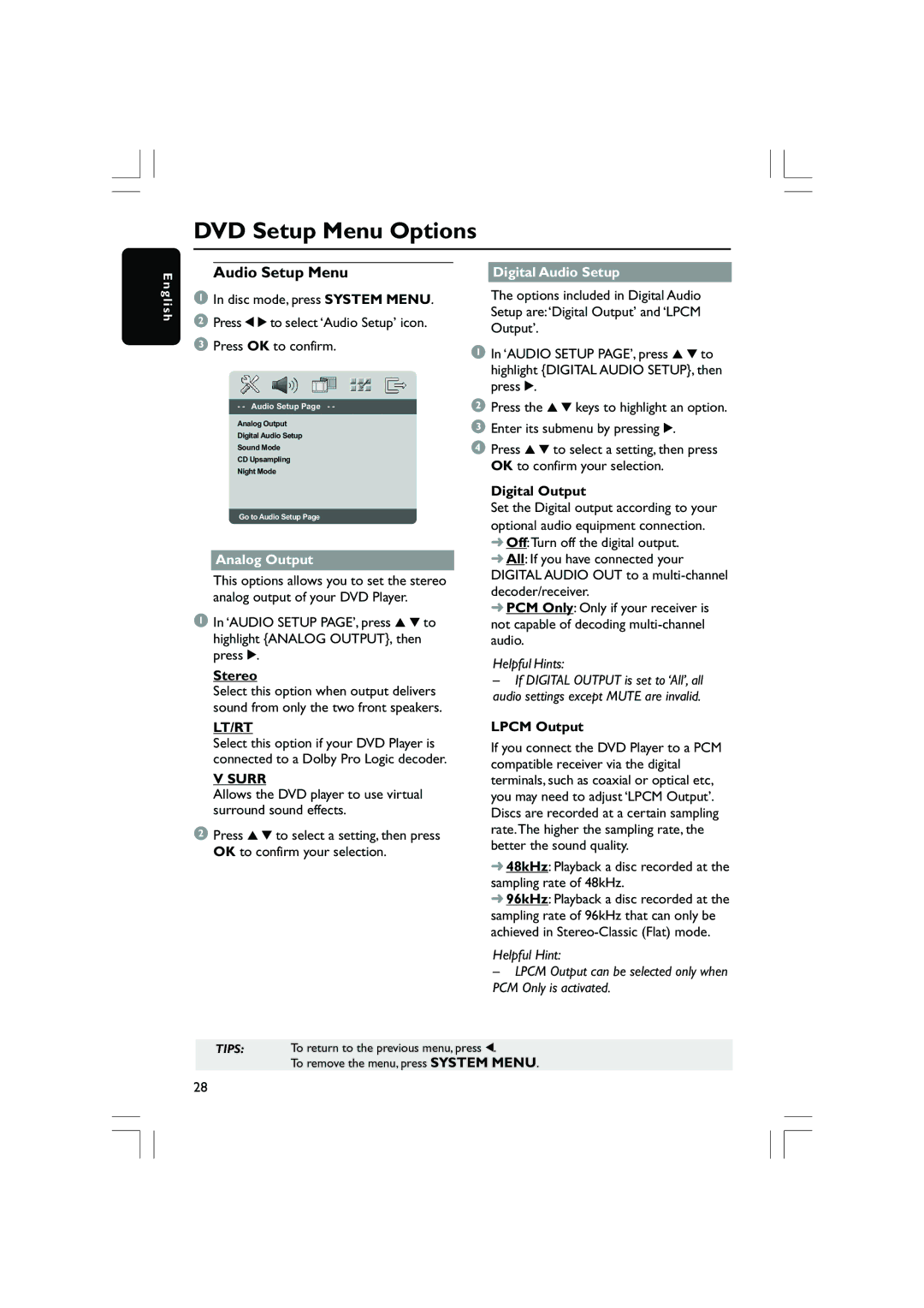 Philips DVP5200/51, DVP5100 user manual Digital Audio Setup, Digital Output, Lpcm Output 