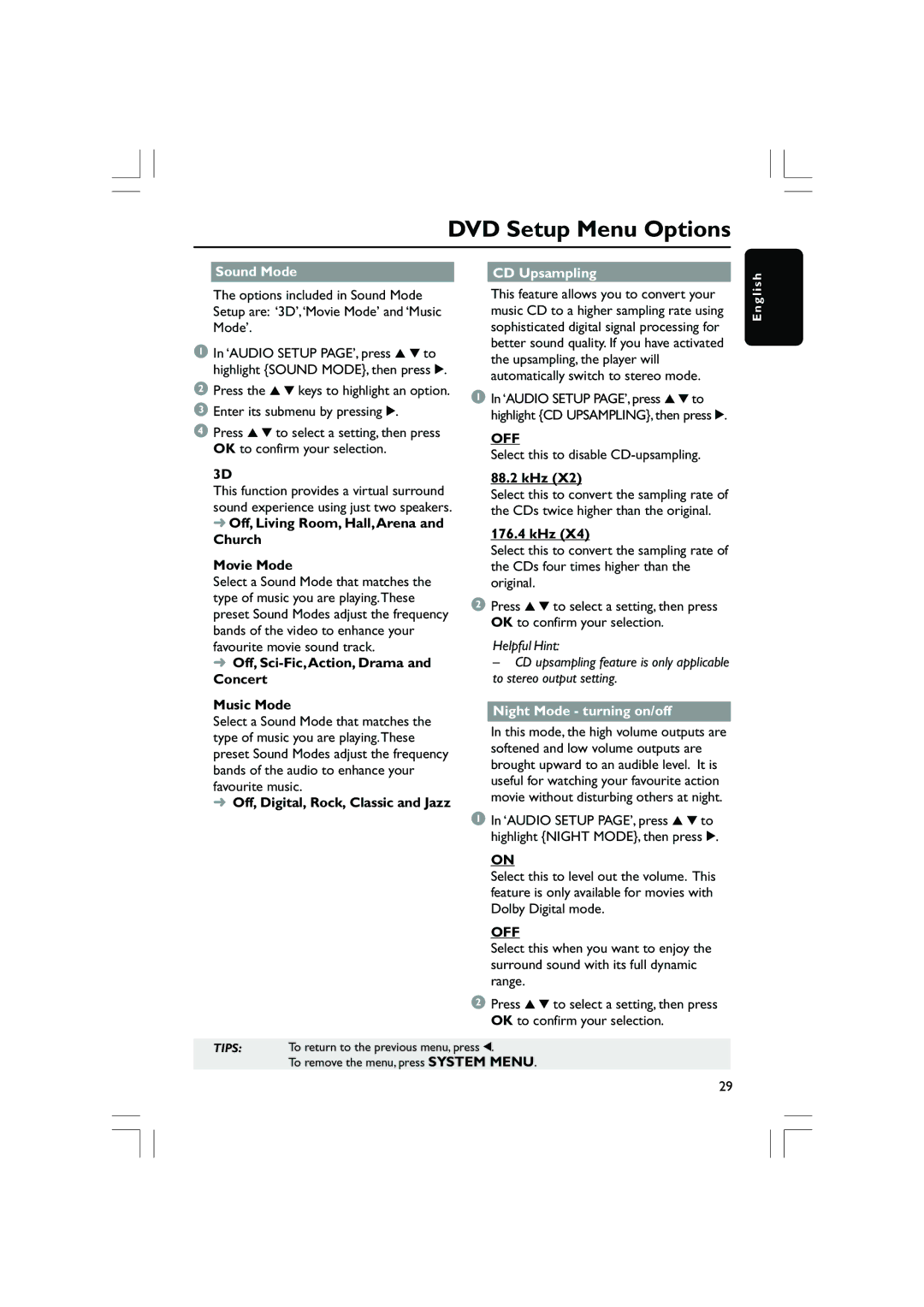 Philips DVP5100, DVP5200/51 user manual Sound Mode CD Upsampling, Night Mode turning on/off 