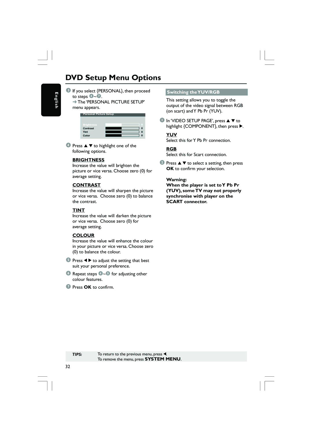 Philips DVP5100, DVP5200/51 user manual Brightness, Contrast, Tint, Colour, Yuv, Rgb 