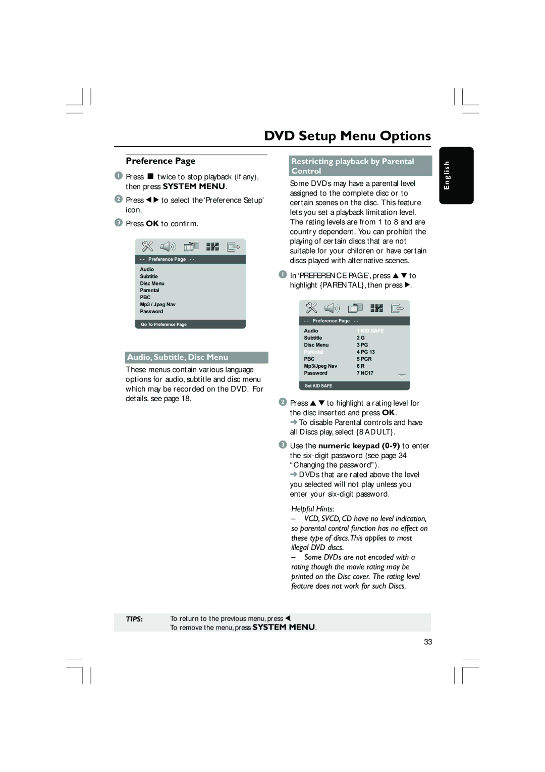 Philips DVP5200/51, DVP5100 user manual Preference, Audio, Subtitle, Disc Menu, Restricting playback by Parental Control 