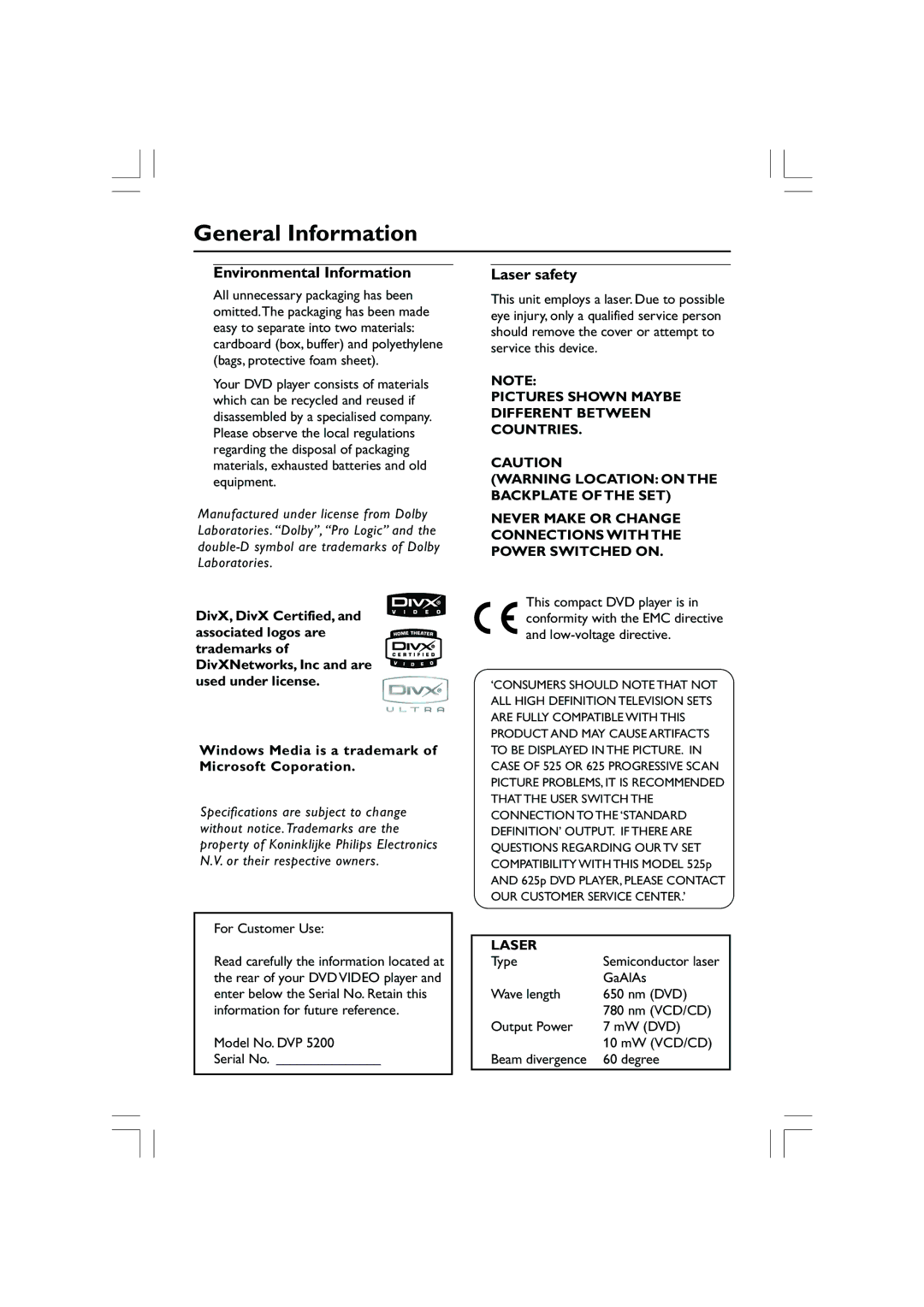 Philips DVP5200/51, DVP5100 user manual General Information, Environmental Information, Laser safety 