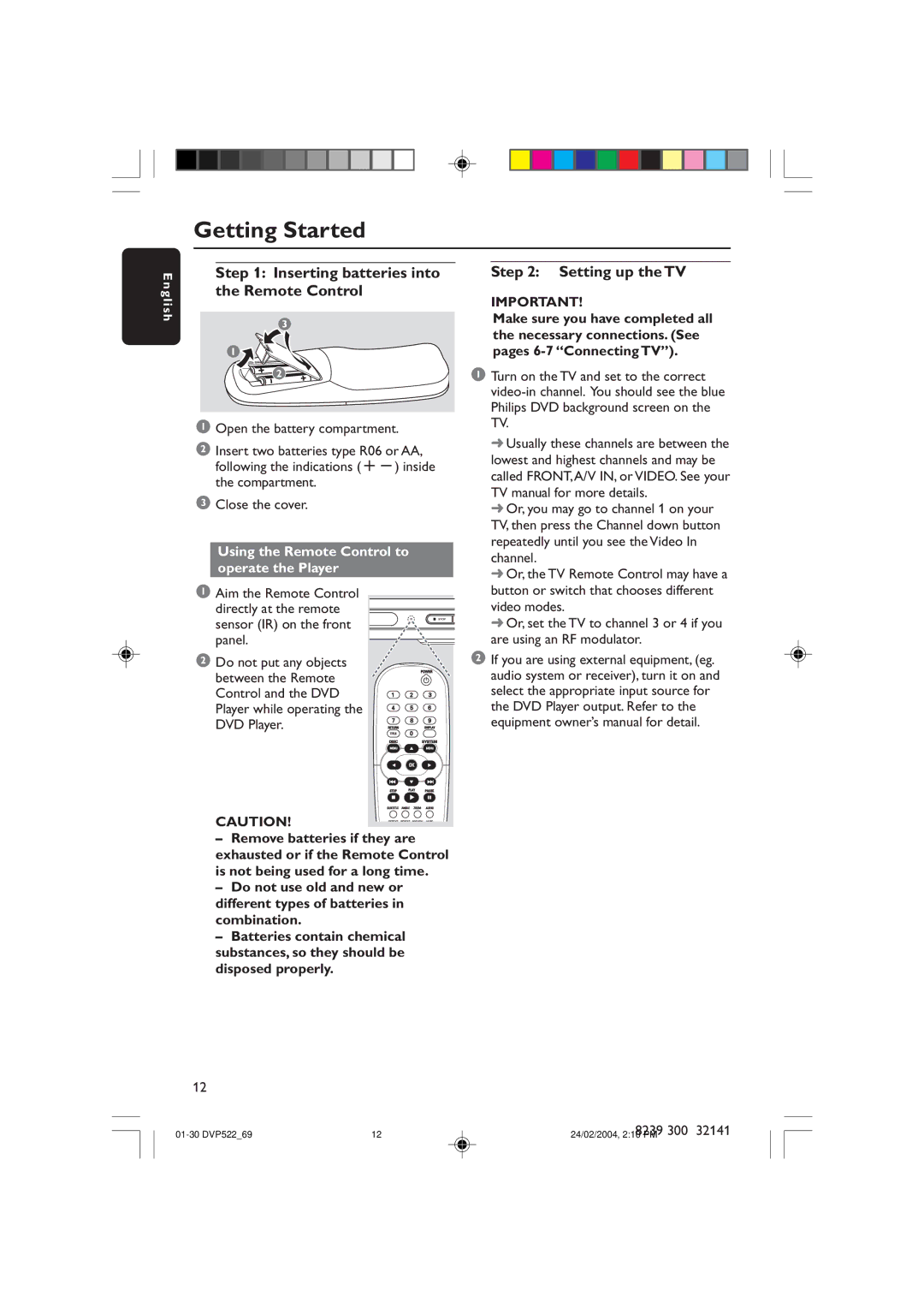 Philips DVP522/69 manual Getting Started, Inserting batteries into the Remote Control, Setting up the TV 