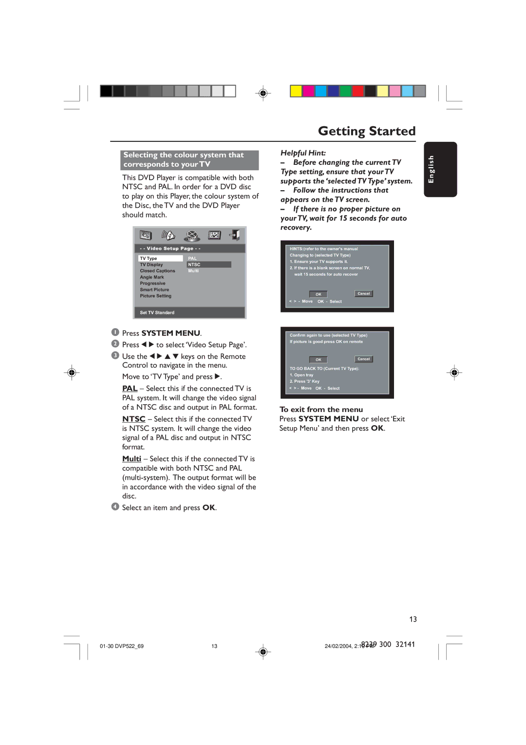 Philips DVP522/69 Selecting the colour system that corresponds to your TV, Press System Menu, Move to ‘TV Type’ and press 