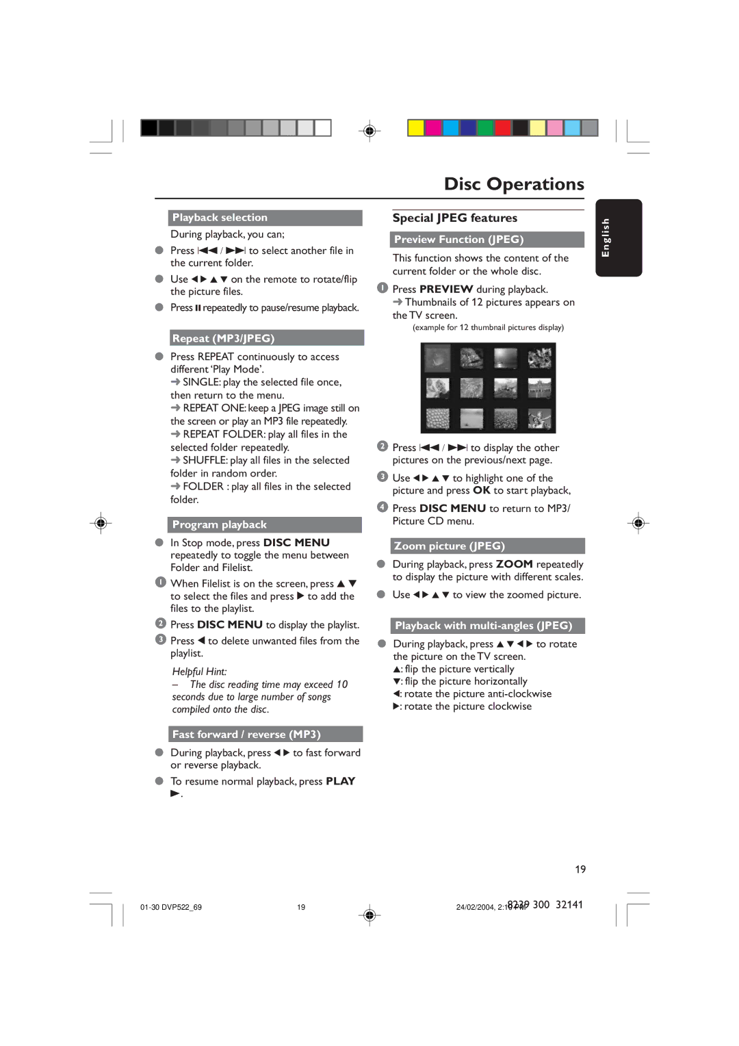 Philips DVP522/69 manual Special Jpeg features 