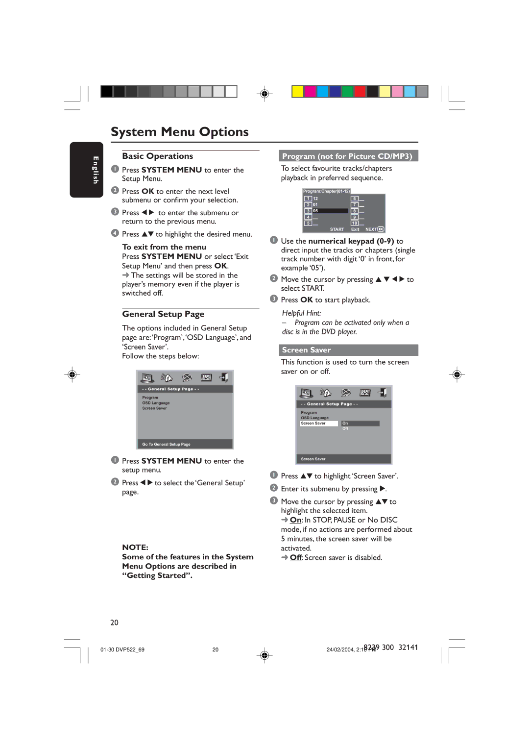 Philips DVP522 manual System Menu Options, Basic Operations, General Setup, Program not for Picture CD/MP3, Screen Saver 