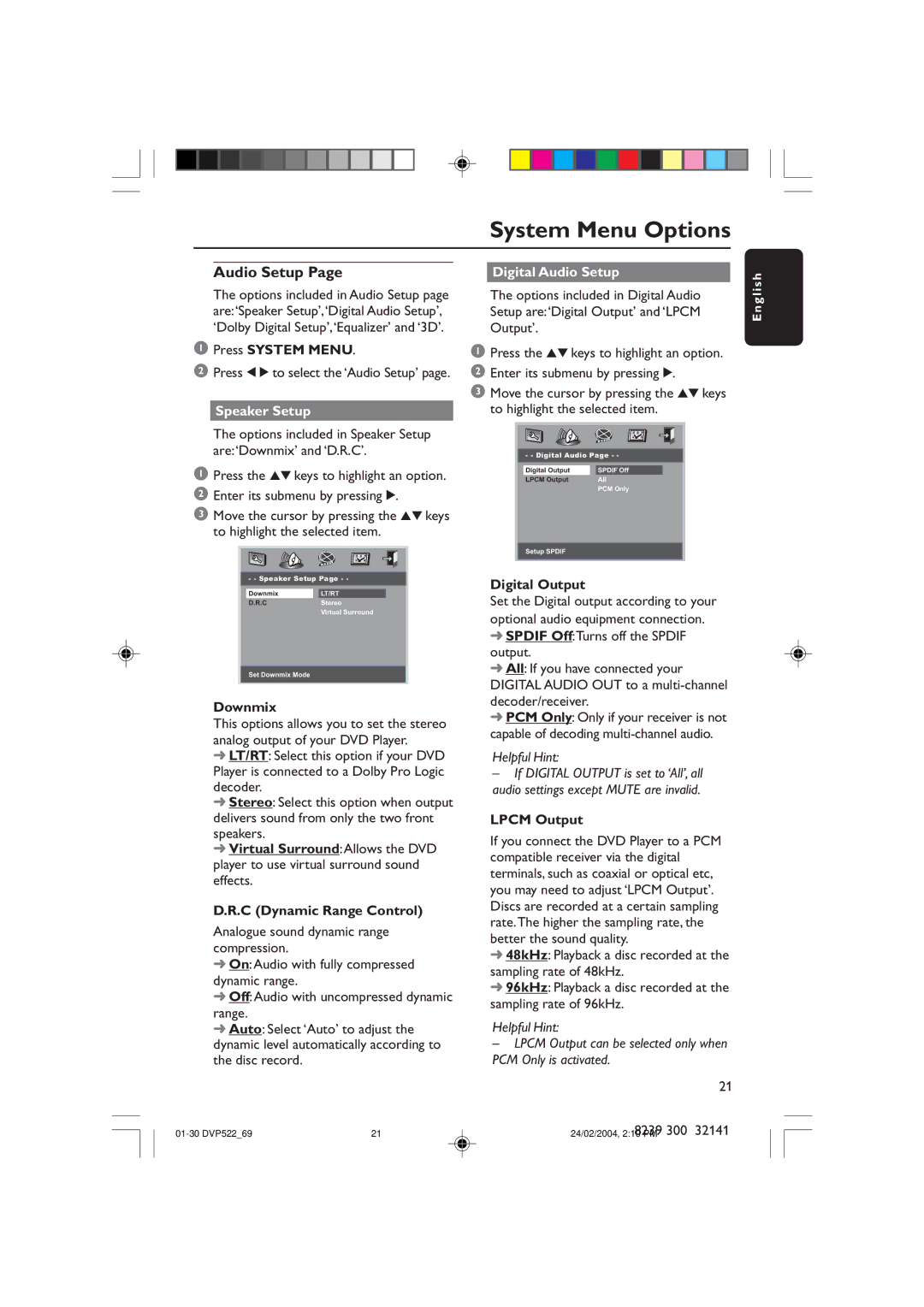 Philips DVP522/69 manual Speaker Setup, Digital Audio Setup 