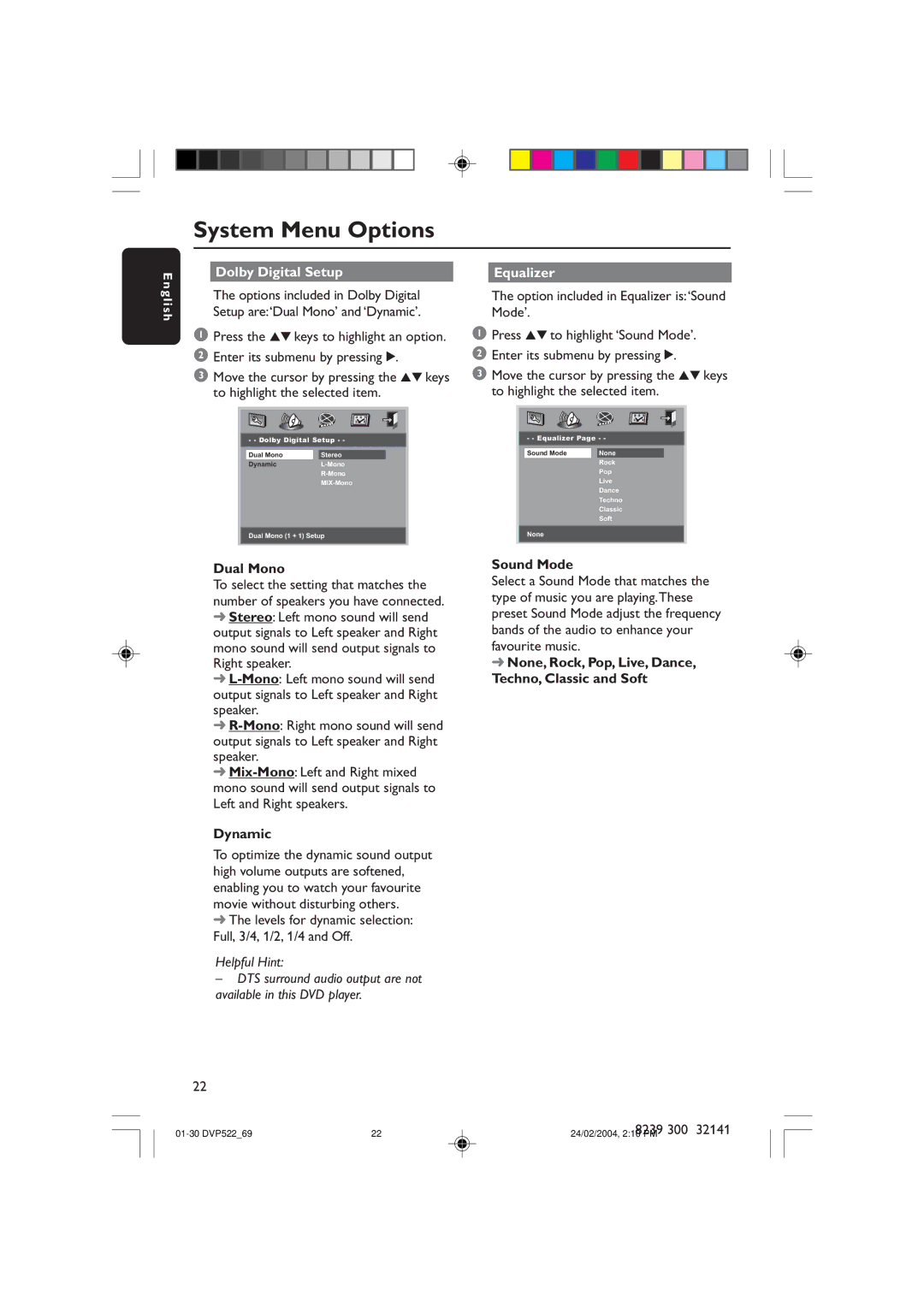 Philips DVP522/69 manual Dolby Digital Setup Equalizer, Dual Mono, Dynamic, Sound Mode 