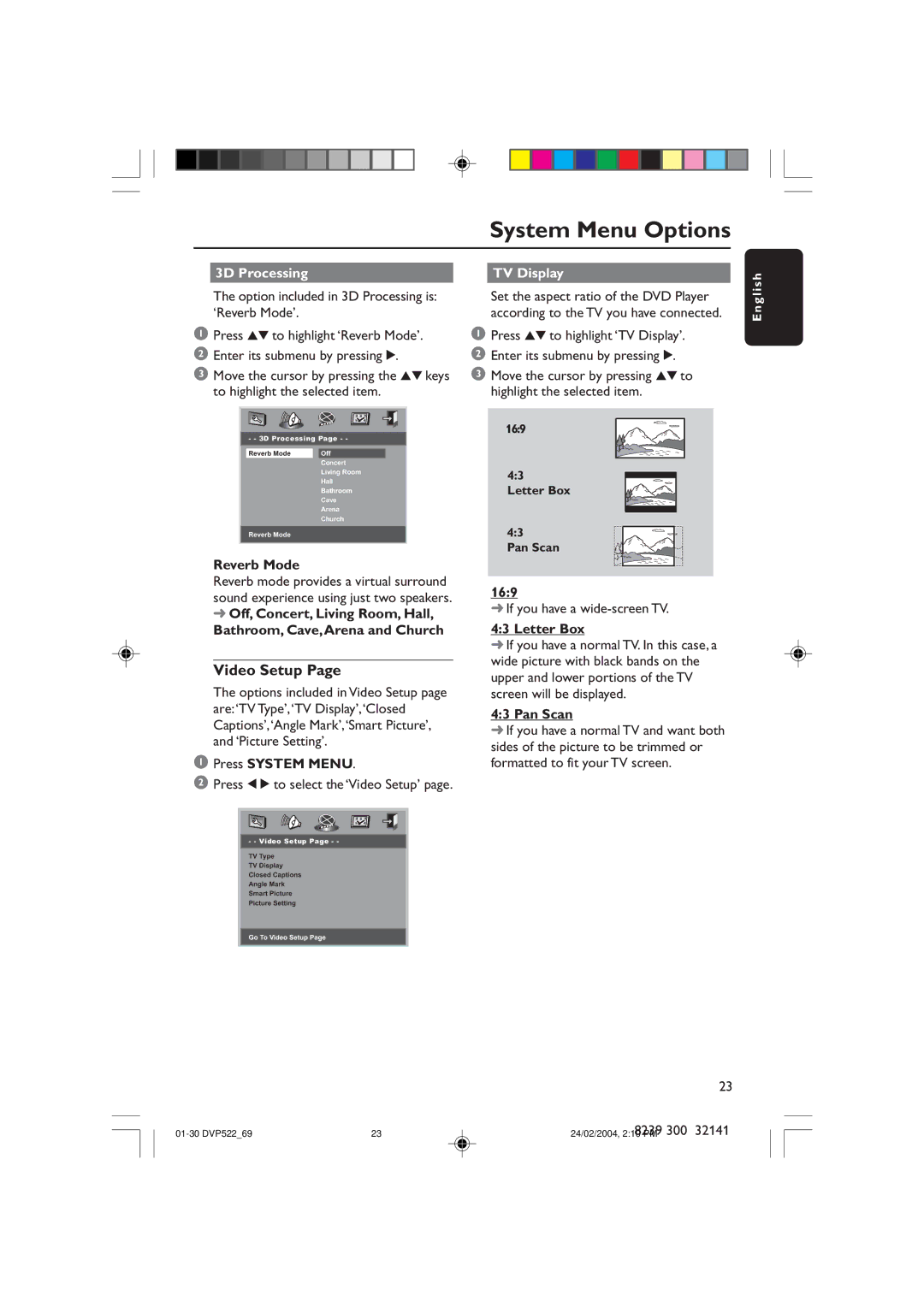 Philips DVP522/69 manual Video Setup, 3D Processing TV Display 