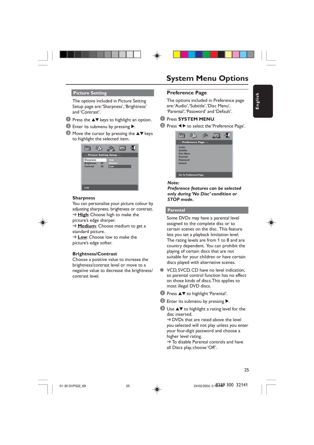 Philips DVP522/69 manual Picture Setting, Sharpness, Brightness/Contrast, Press 1 2 to select the ‘Preference Page’ 