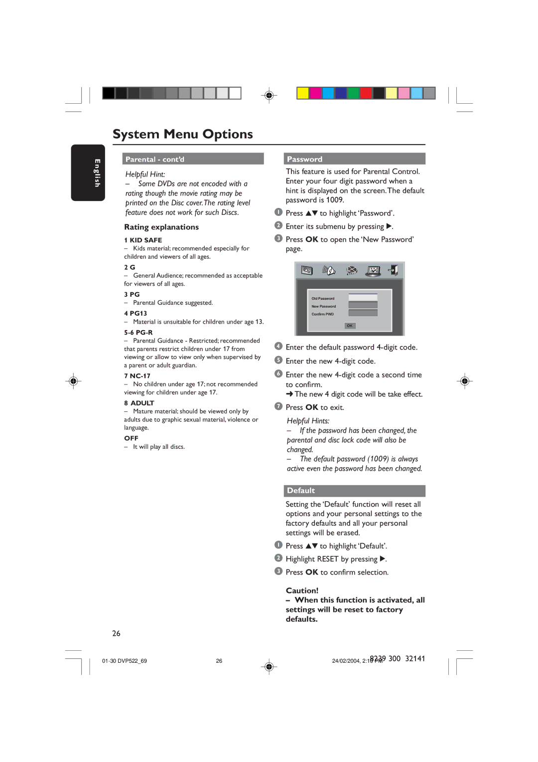 Philips DVP522/69 manual Rating explanations, Parental cont’d 