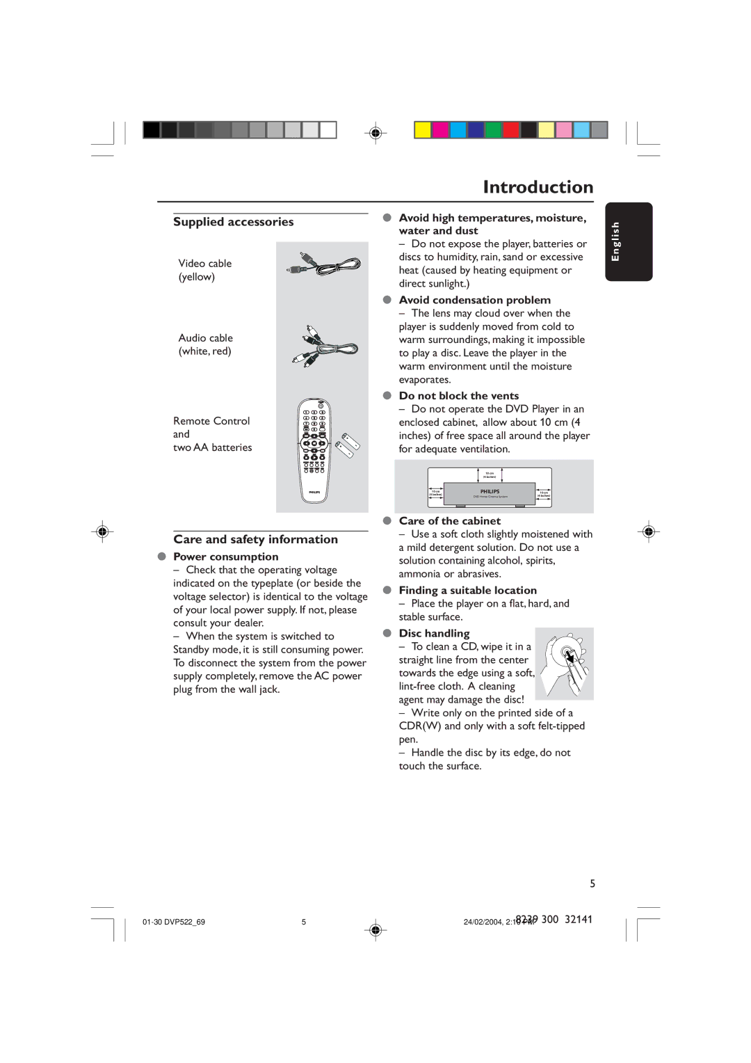 Philips DVP522/69 manual Introduction, Supplied accessories, Care and safety information 