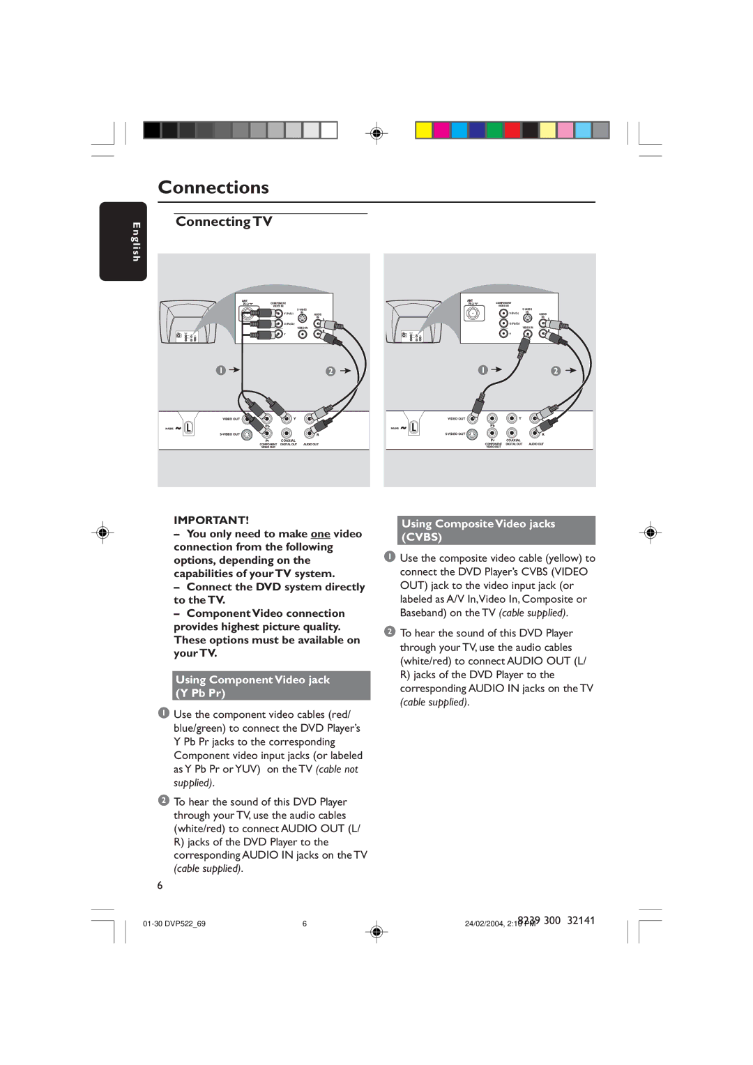 Philips DVP522/69 manual Using Component Video jack Y Pb Pr, Using Composite Video jacks Cvbs, Nglish 