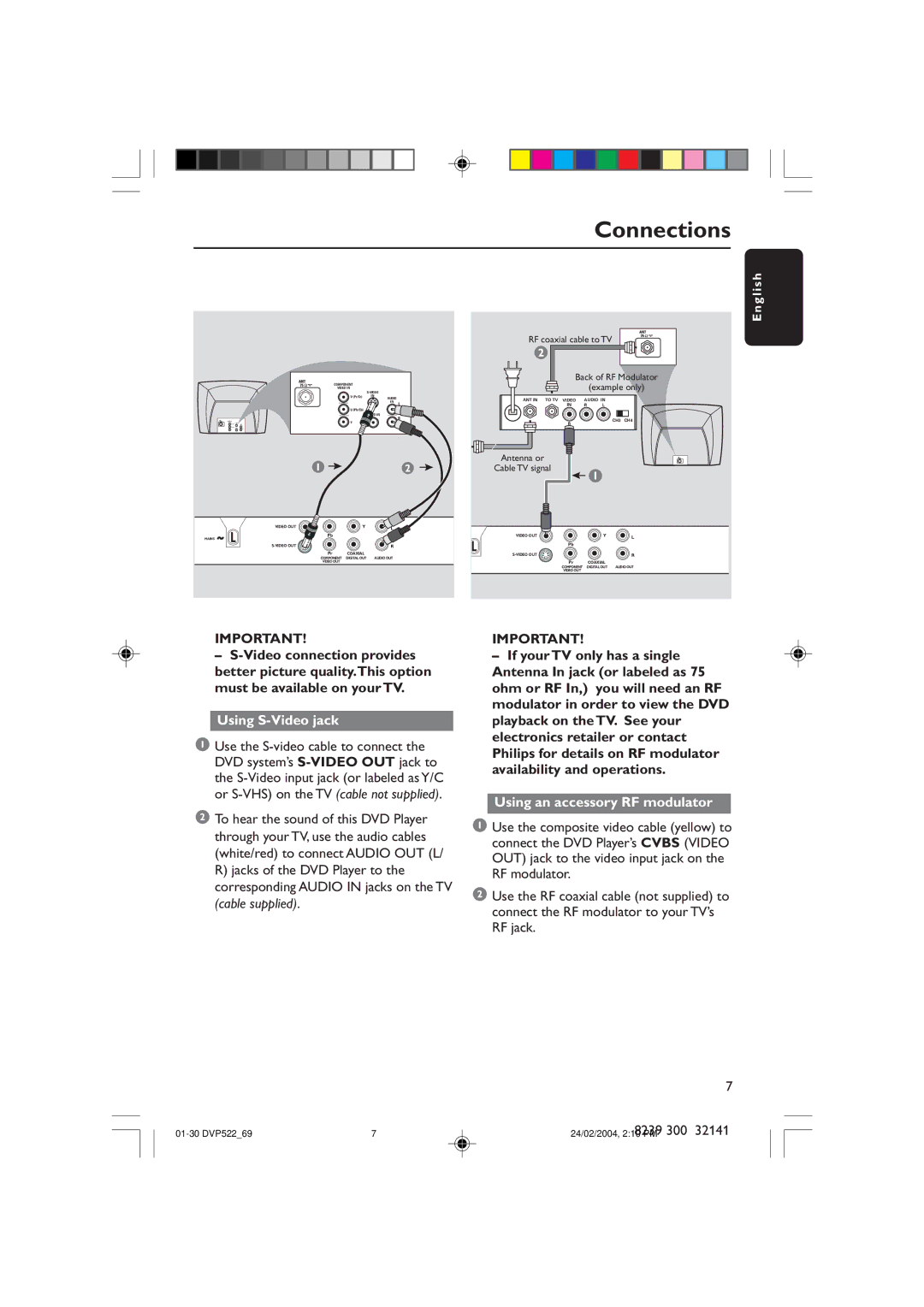 Philips DVP522/69 manual Connections, Using S-Video jack, Using an accessory RF modulator, English 