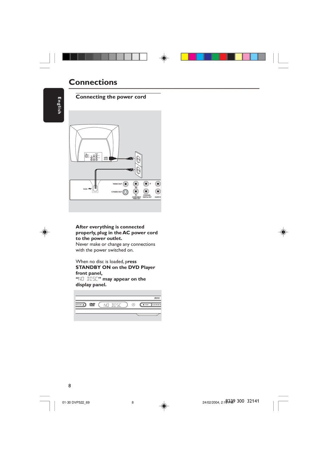 Philips DVP522/69 manual Connecting the power cord, When no disc is loaded, press 