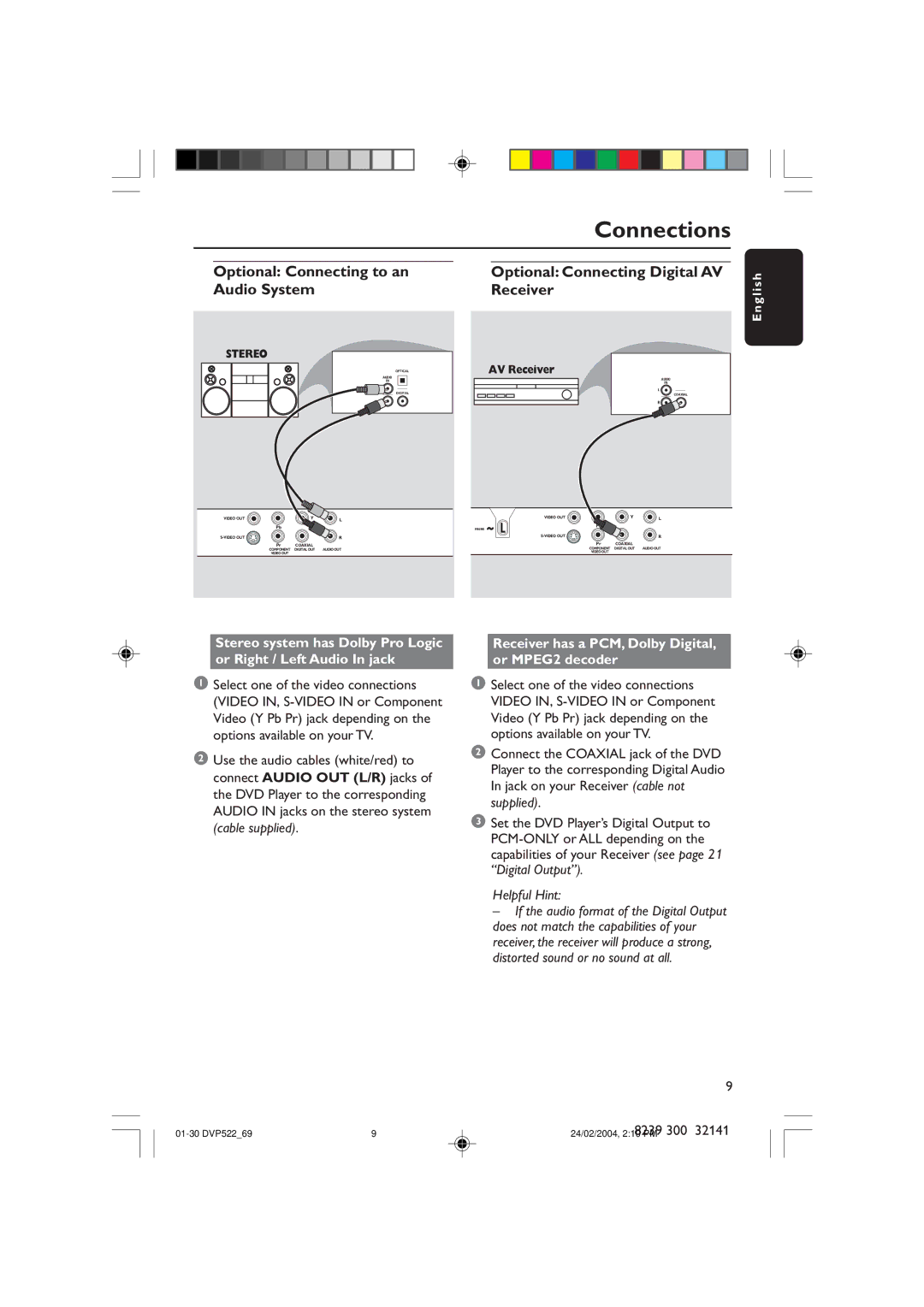 Philips DVP522/69 manual Optional Connecting Digital AV, Audio System Receiver, Optional Connecting to an, Eng 